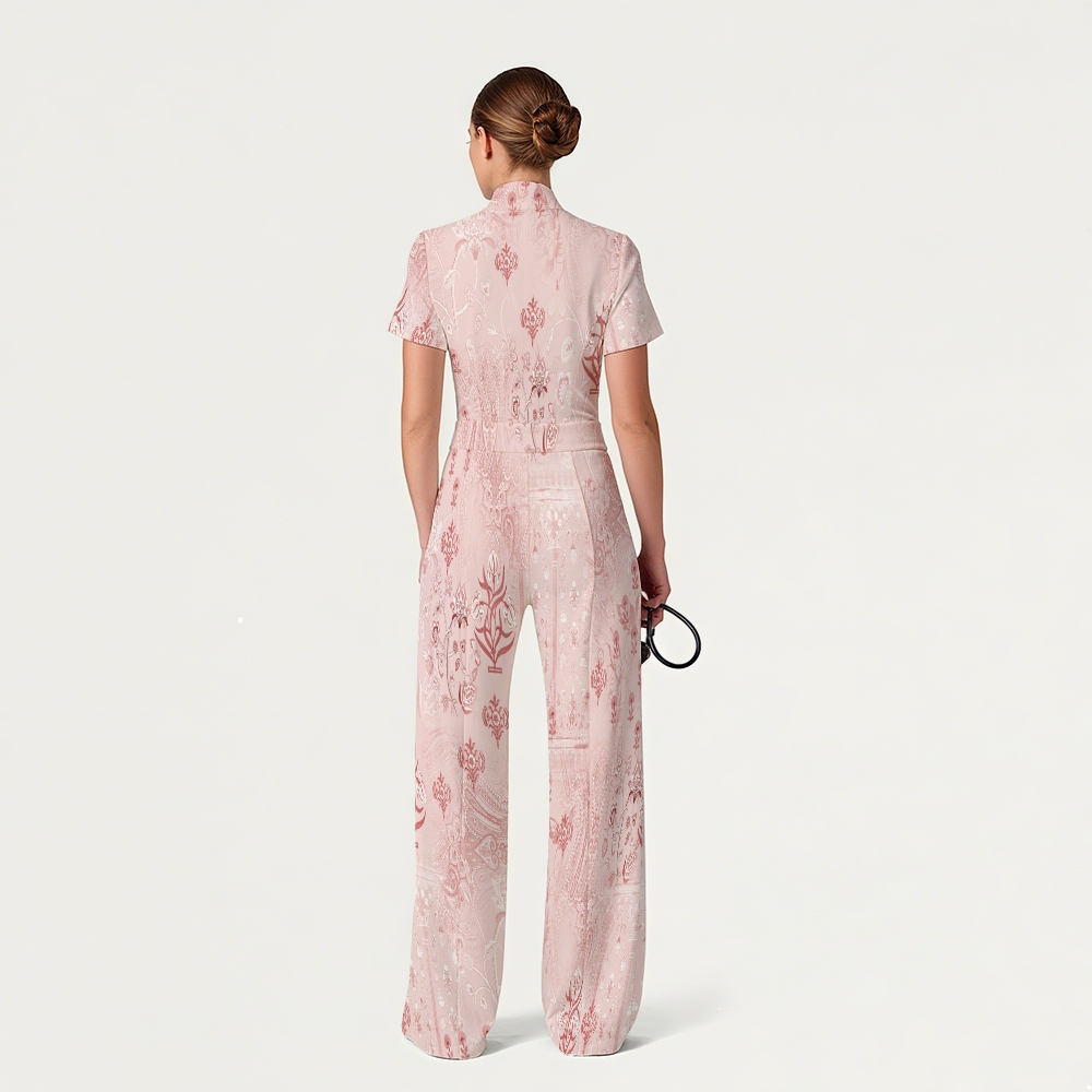 Women's Wide Leg Zip Neck Intangible Cultural Heritage Printed Scrub Jumpsuit JC10299