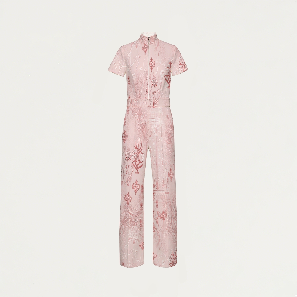 Women's Wide Leg Zip Neck Intangible Cultural Heritage Printed Scrub Jumpsuit JC10299