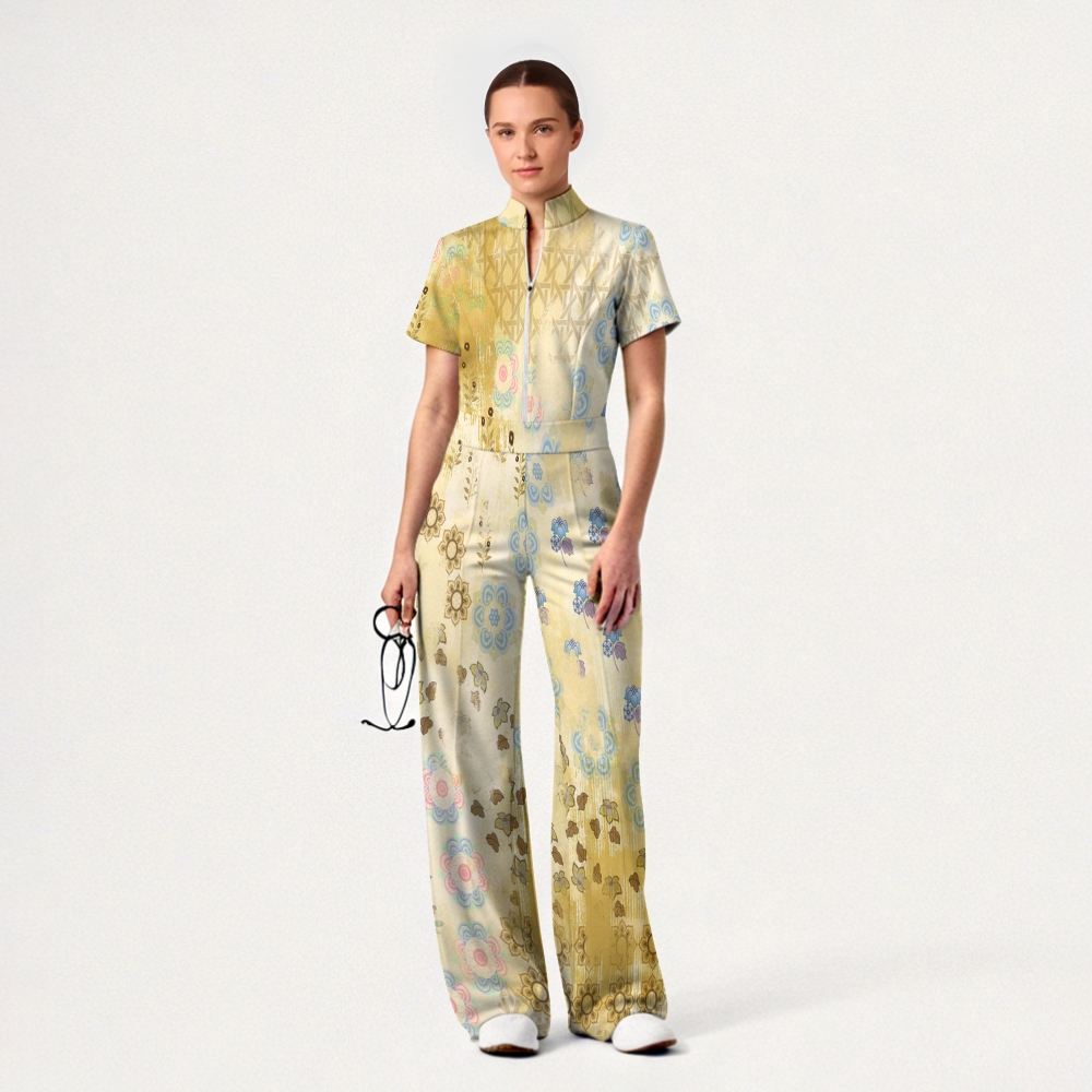 Women's Wide Leg Zip Neck Intangible Cultural Heritage Printed Scrub Jumpsuit JC102910