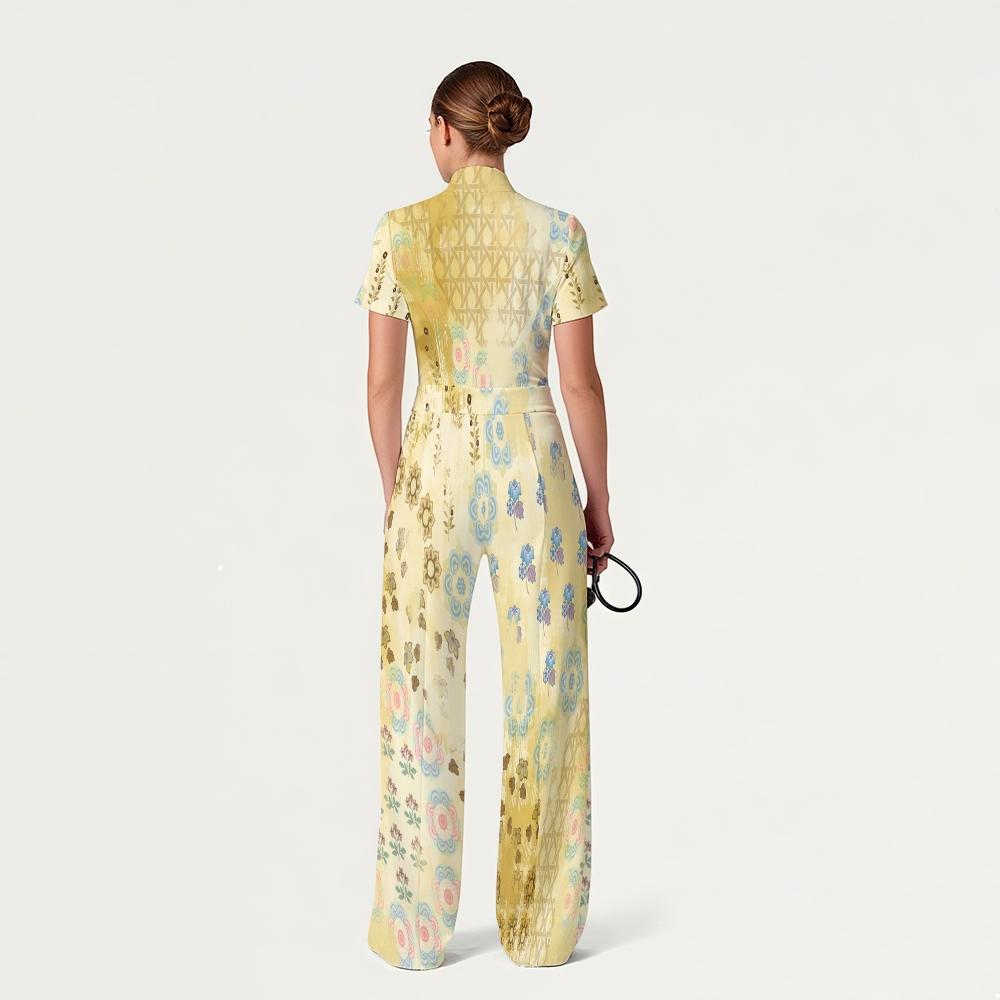 Women's Wide Leg Zip Neck Intangible Cultural Heritage Printed Scrub Jumpsuit JC102910