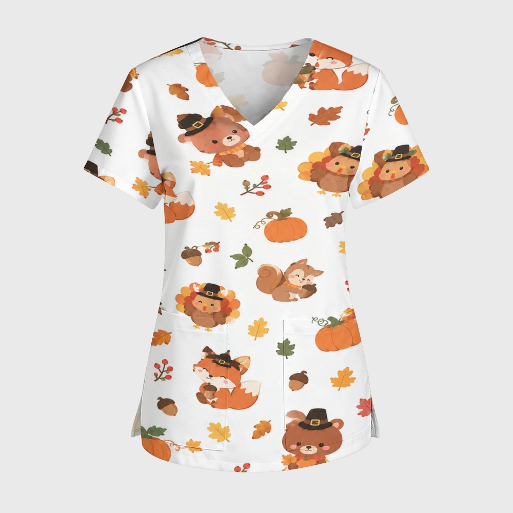 Women's V-Neck Pocket Thanksgiving Series Print Scrub Top TH10161