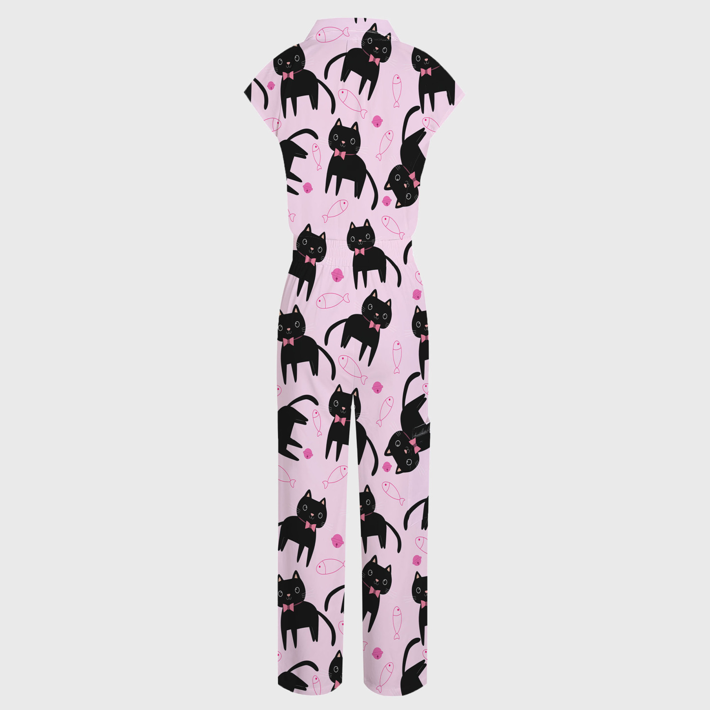 Women's Wide Leg Cat with Fish Print Scrub Jumpsuit