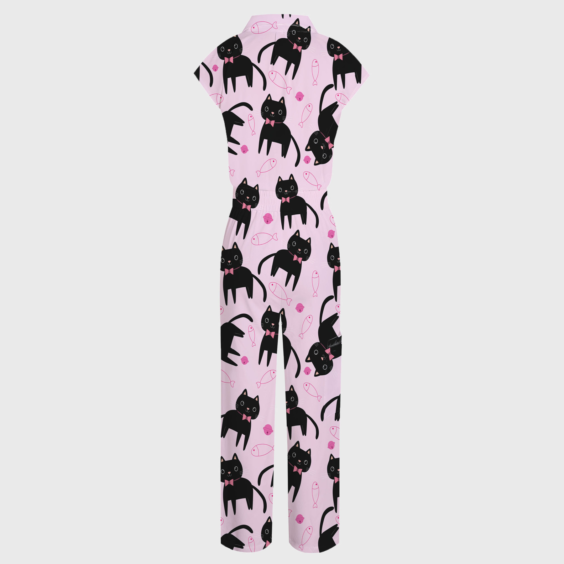 Women's Wide Leg Cat with Fish Print Scrub Jumpsuit