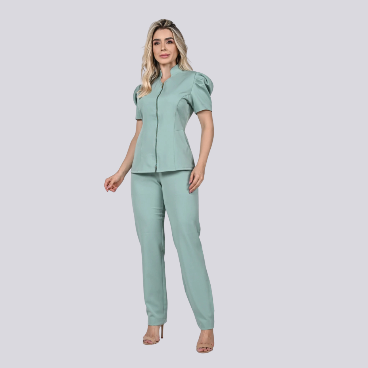 Women's Zippered Puff Sleeve Workwear Scrub Top