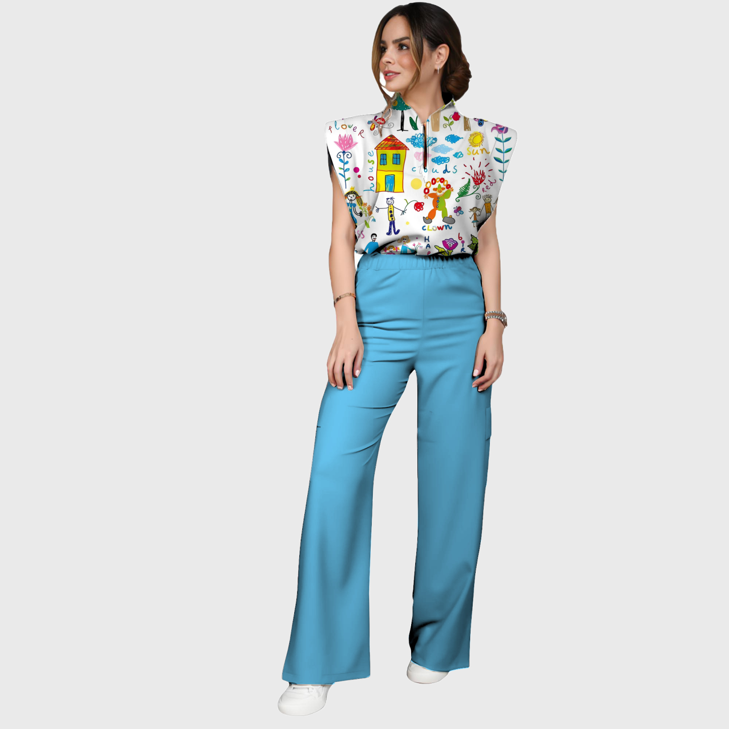 Women's Summer Camp Drawing Printed Scrub Set SP34