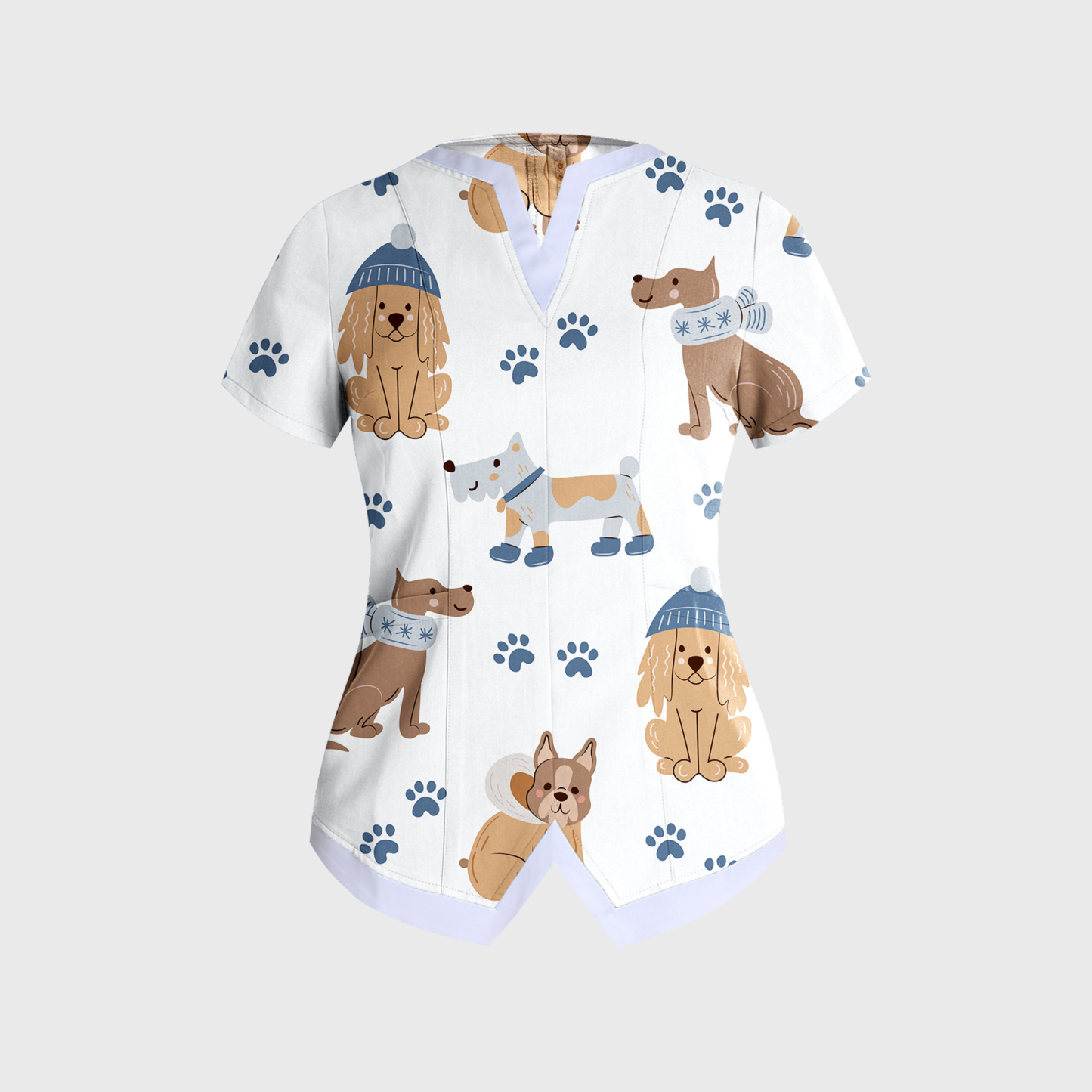 Women's Cute Animal Collection Printed W-neck Scrub Top