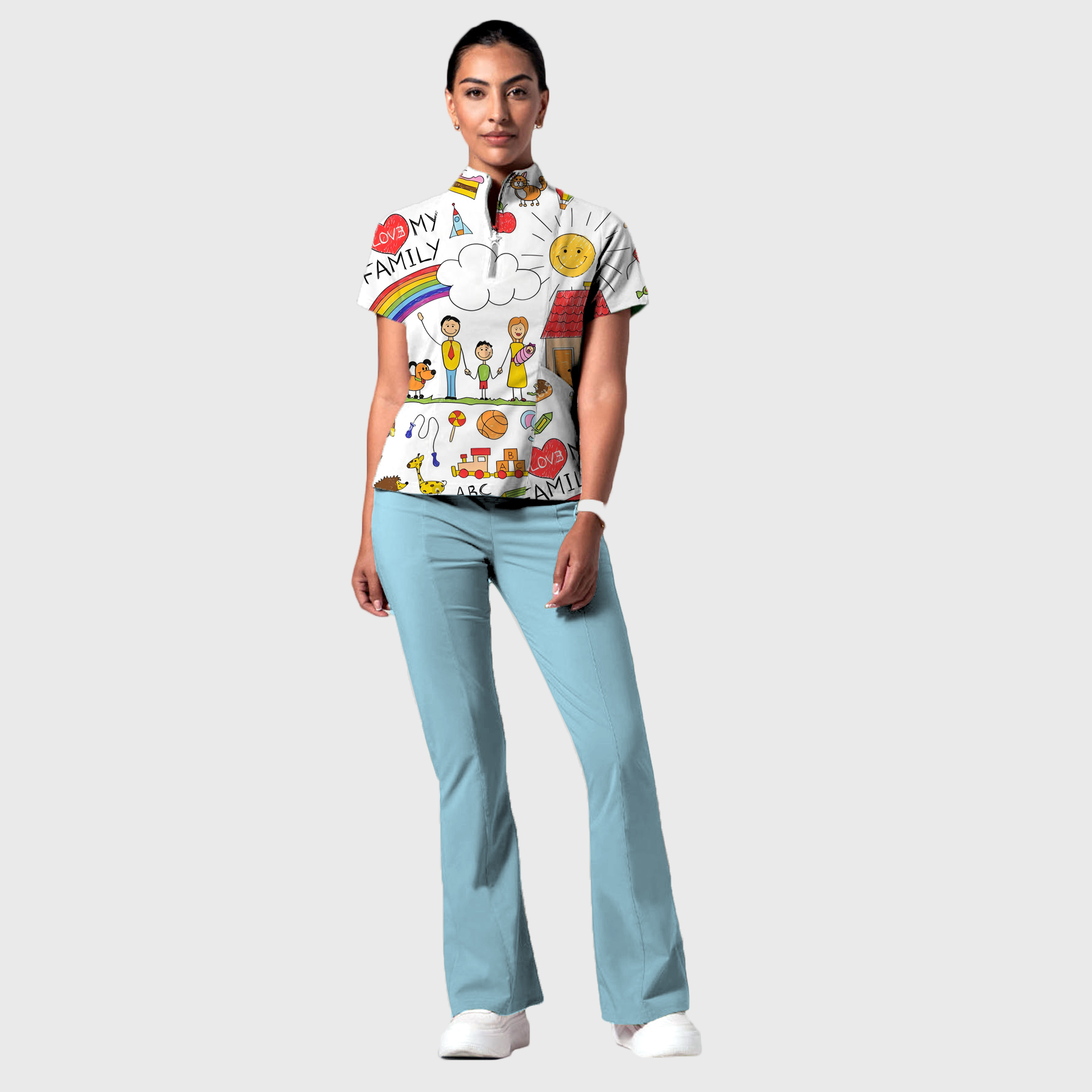 Women's Happy Family Printed Scrub Set SP27