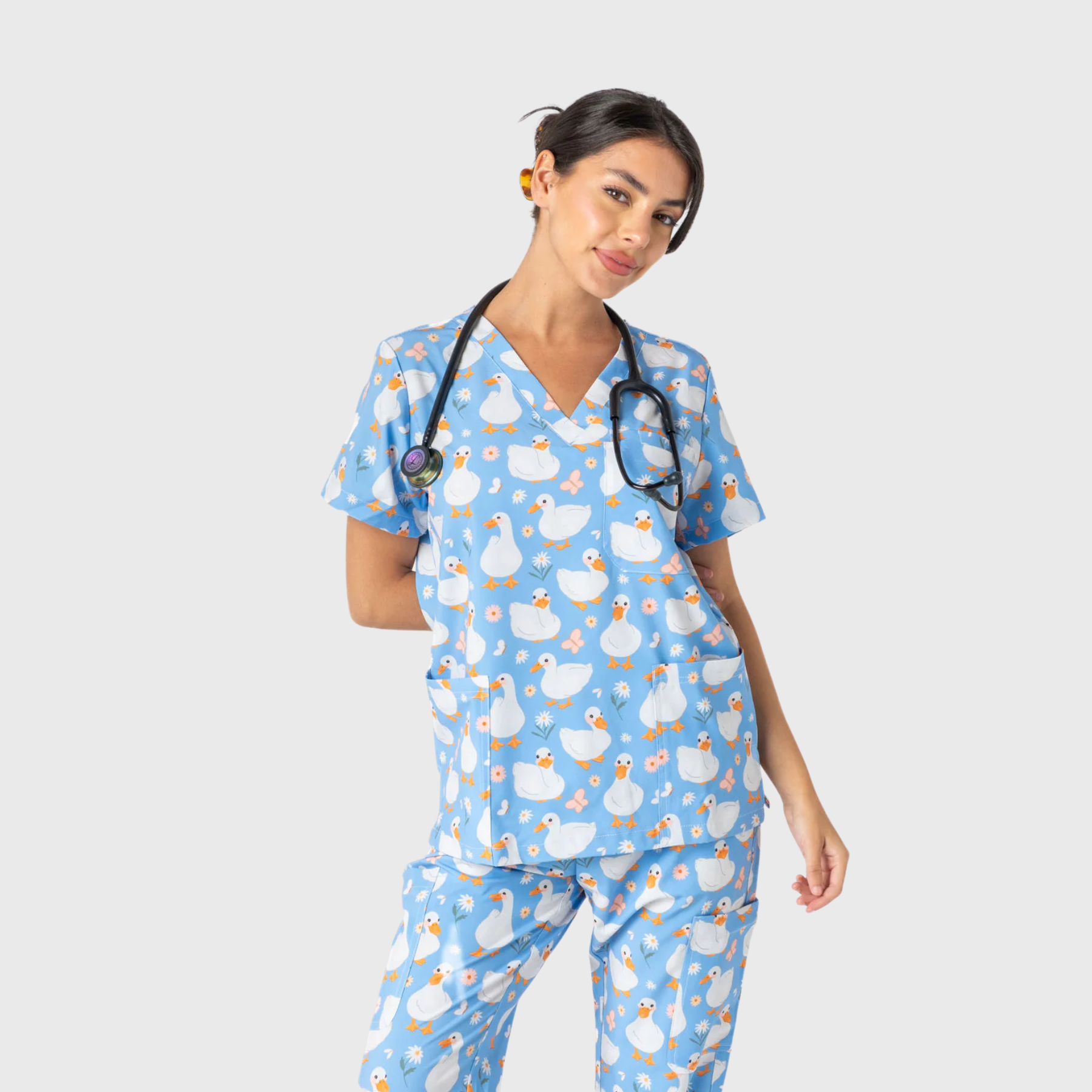 Women's V-Neck 3-Pocket Cute Duck Printed Scrub Top