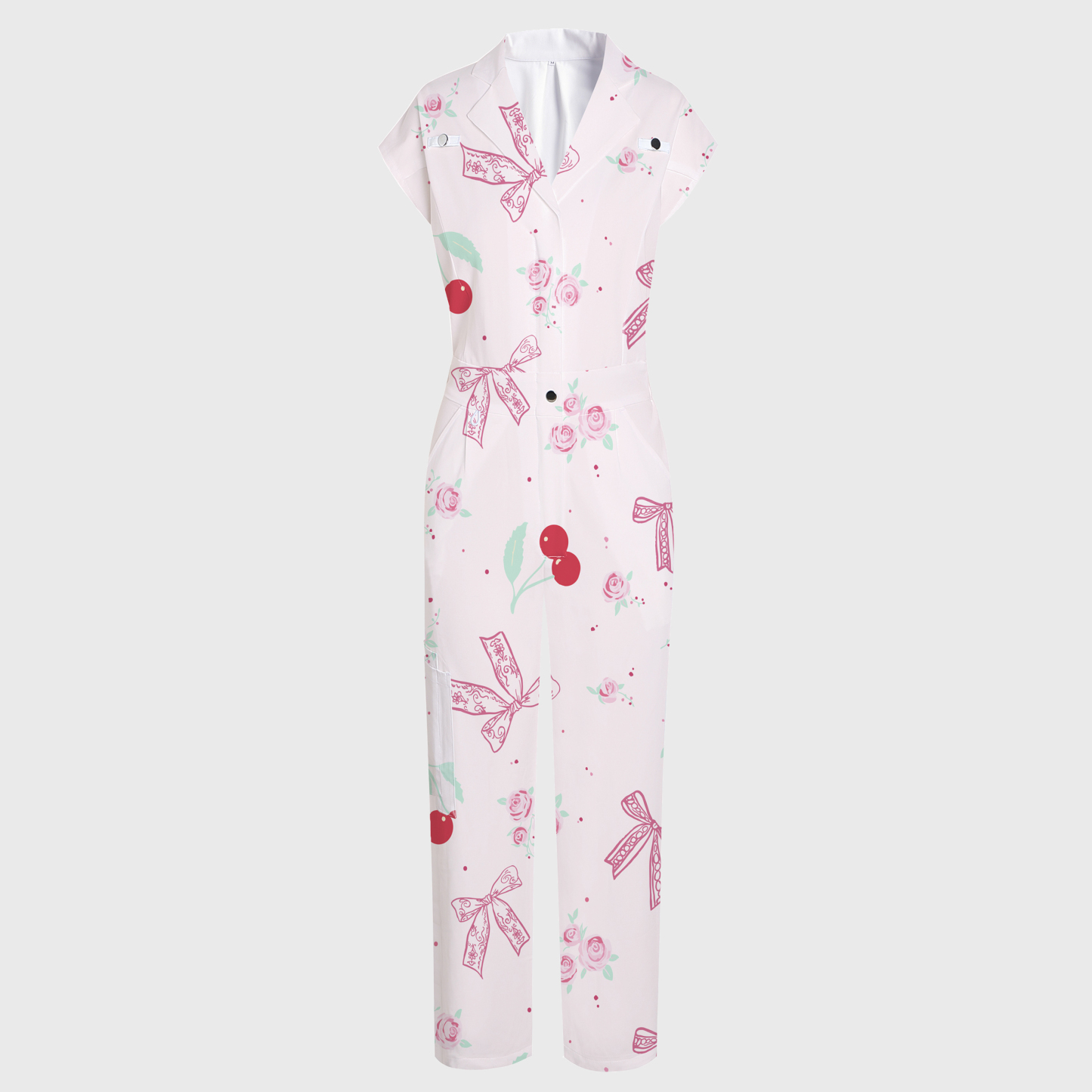 Women's Lapel Collar Wide Leg Cherry Print Scrub Jumpsuit