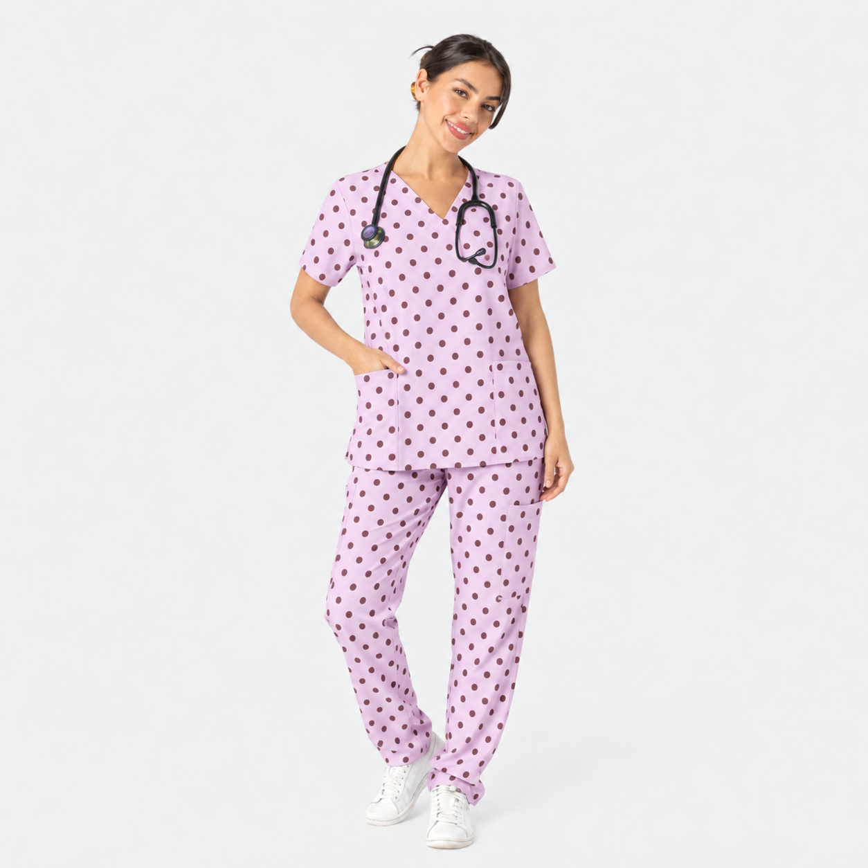 Women’s 7-Pocket Blush Polka Dot Printed Medical Scrub Set WD4