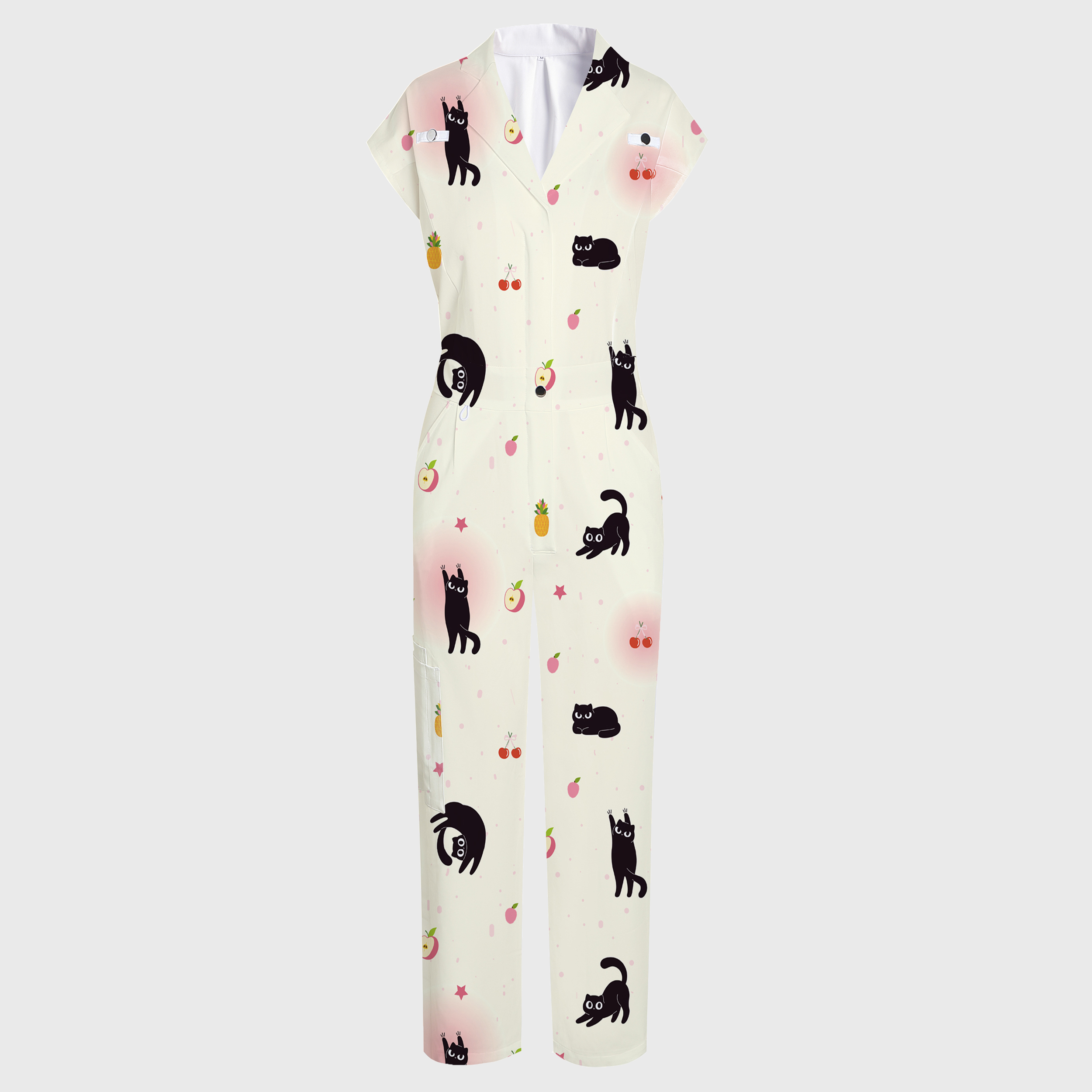 Women's Wide Leg Black Cats Print Scrub Jumpsuit