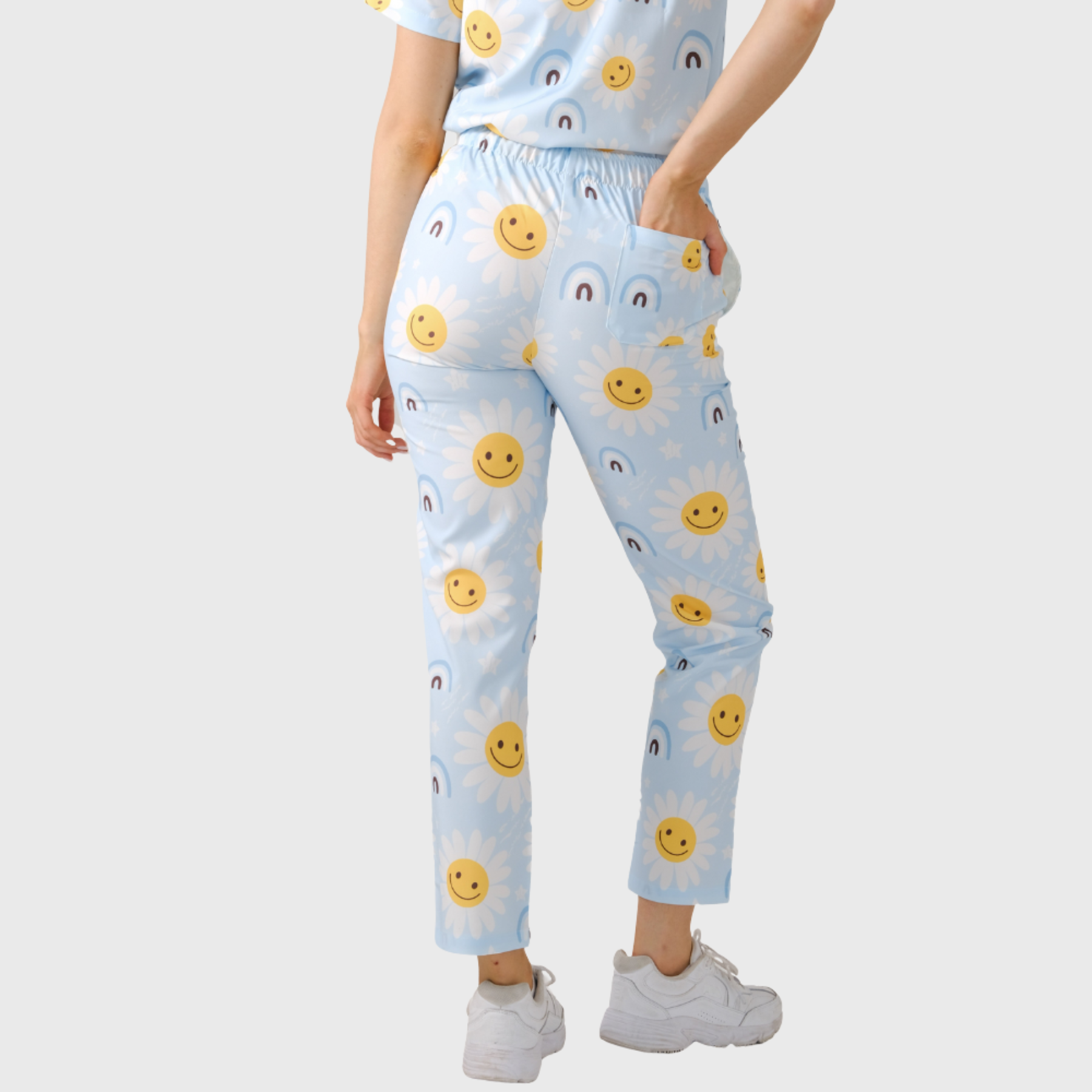 Women's Elastic Waist 3 Pockets Sunflower Printed Scrub Pants