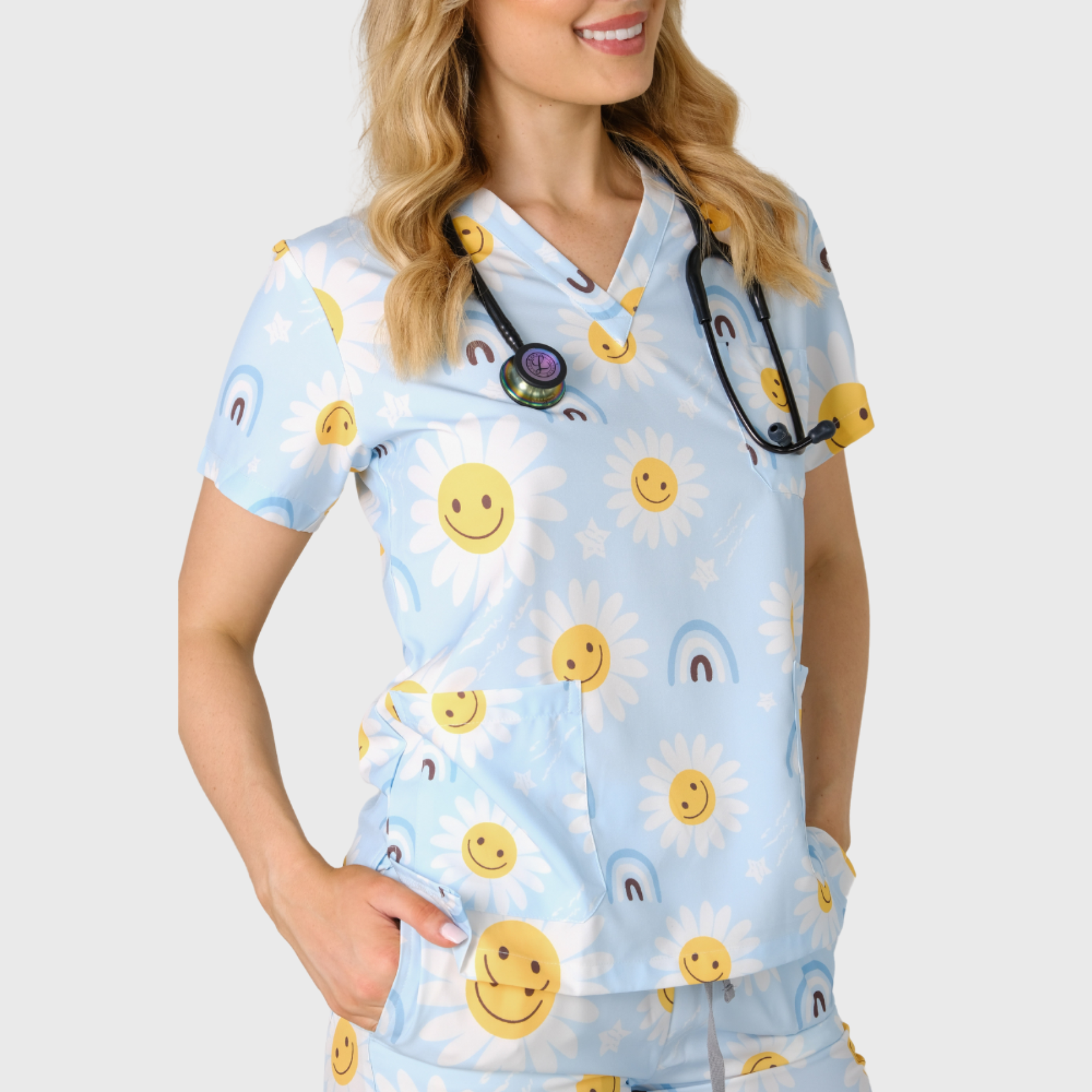 Women's 3 Pockets Daisy Print Scrub Top