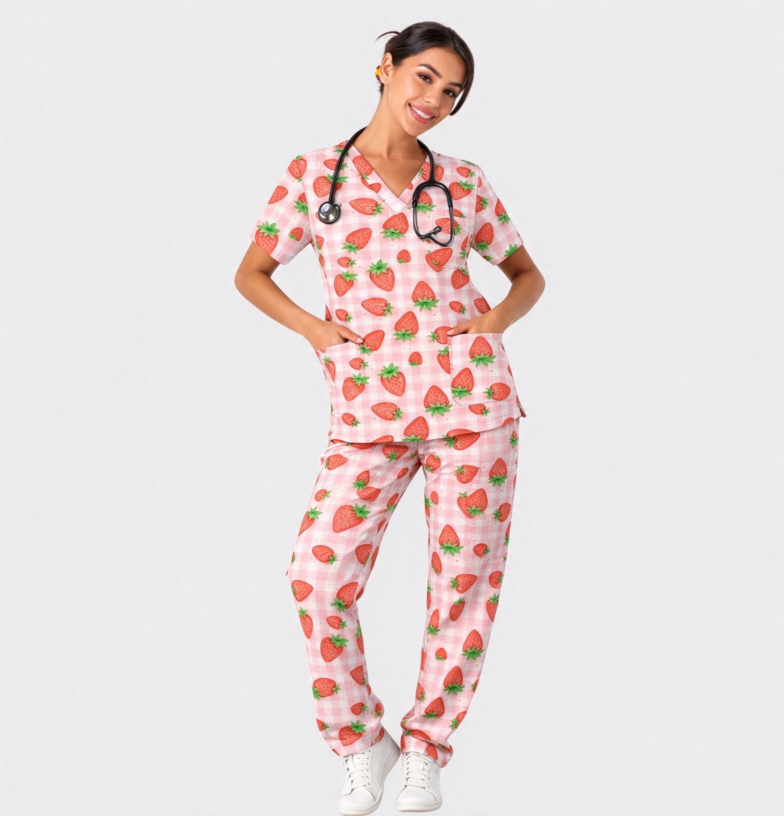 Women's Strawberry Gingham Printed Scrub Set WD7