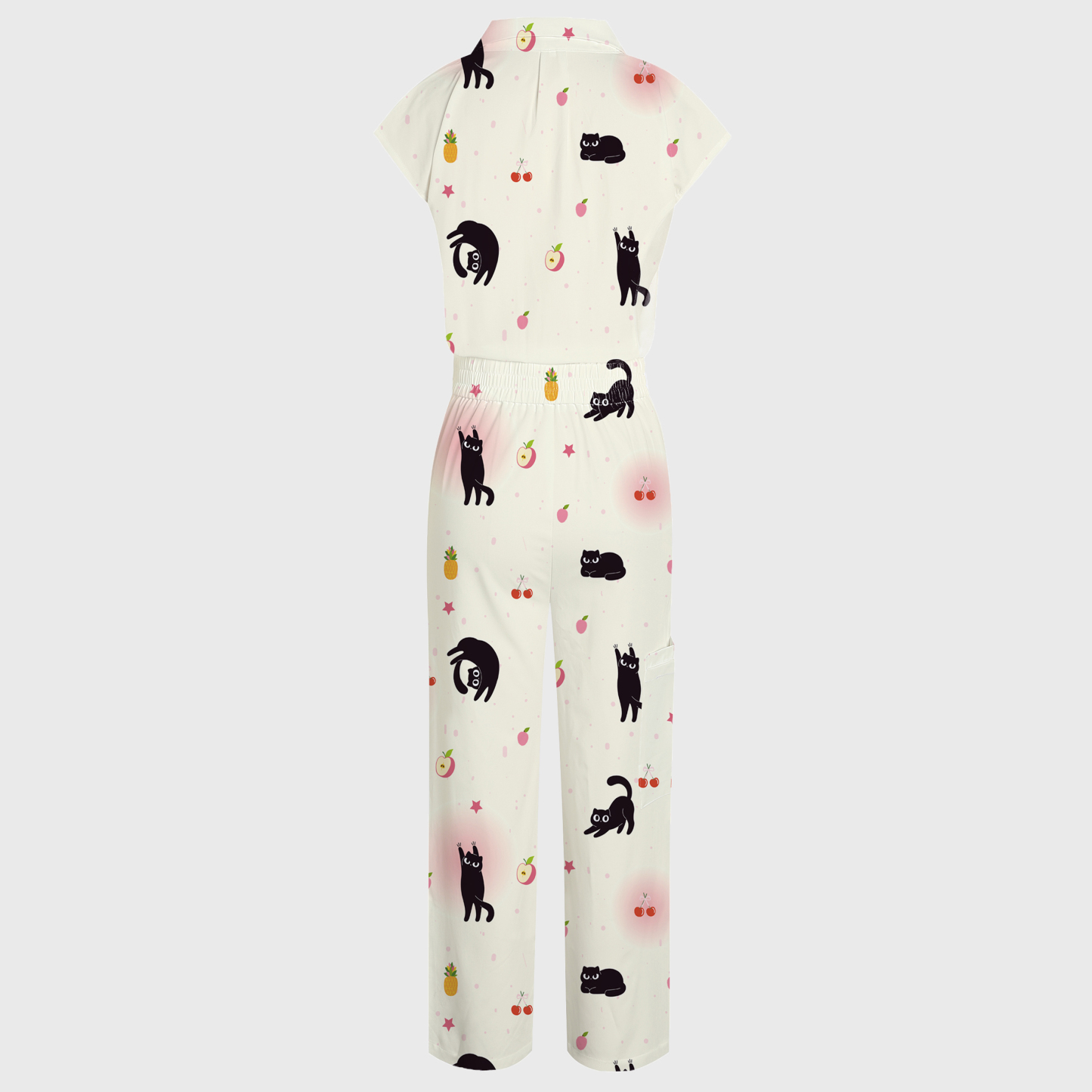 Women's Wide Leg Black Cats Print Scrub Jumpsuit