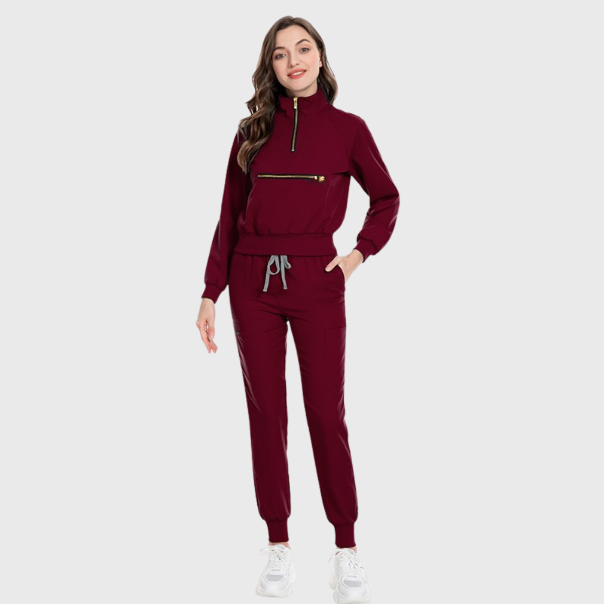 Women's Zip Collar Long Sleeve Jogging Scrub Set S1
