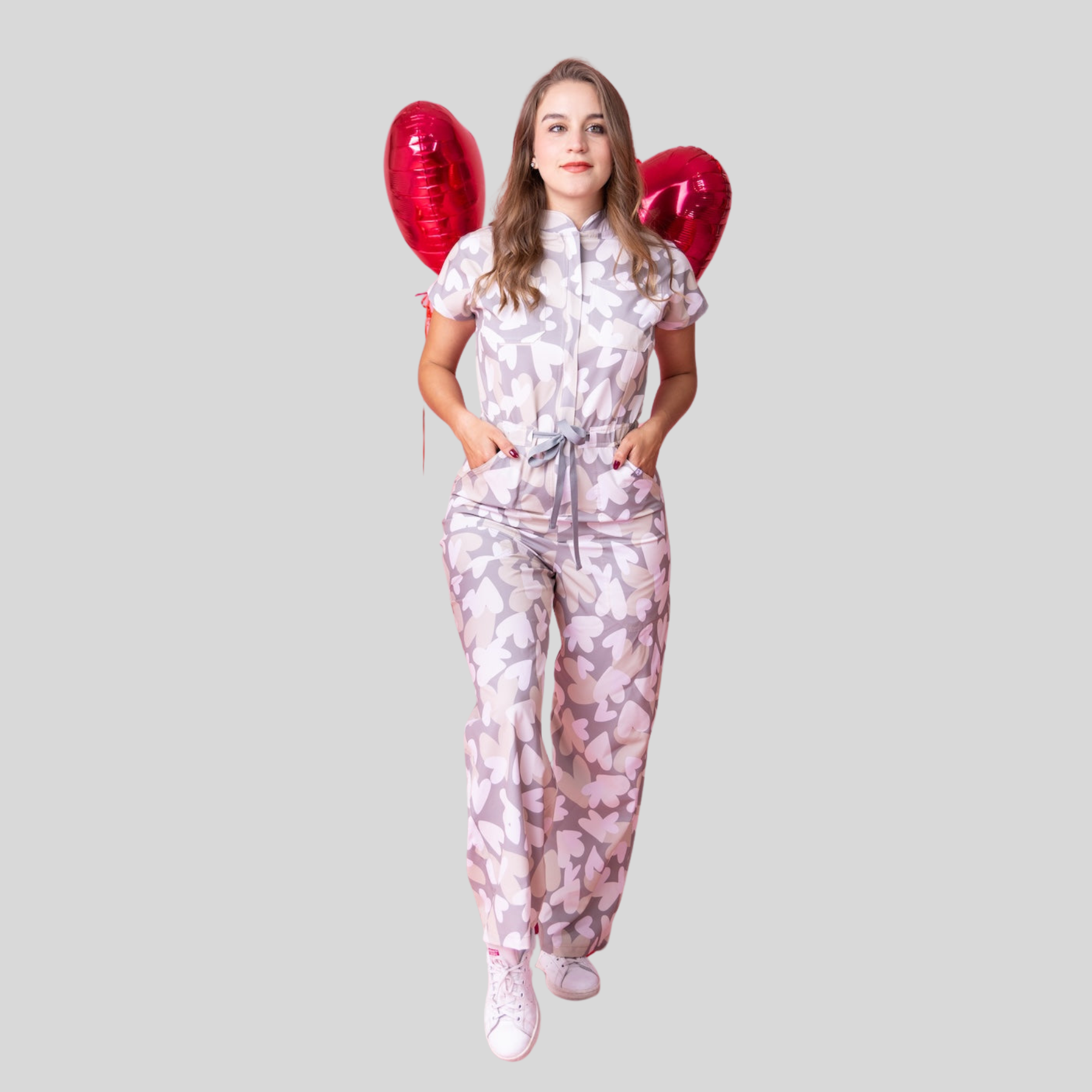 Women's Lovely Print Heart  Long Flared Cut Scrub Jumpsuit