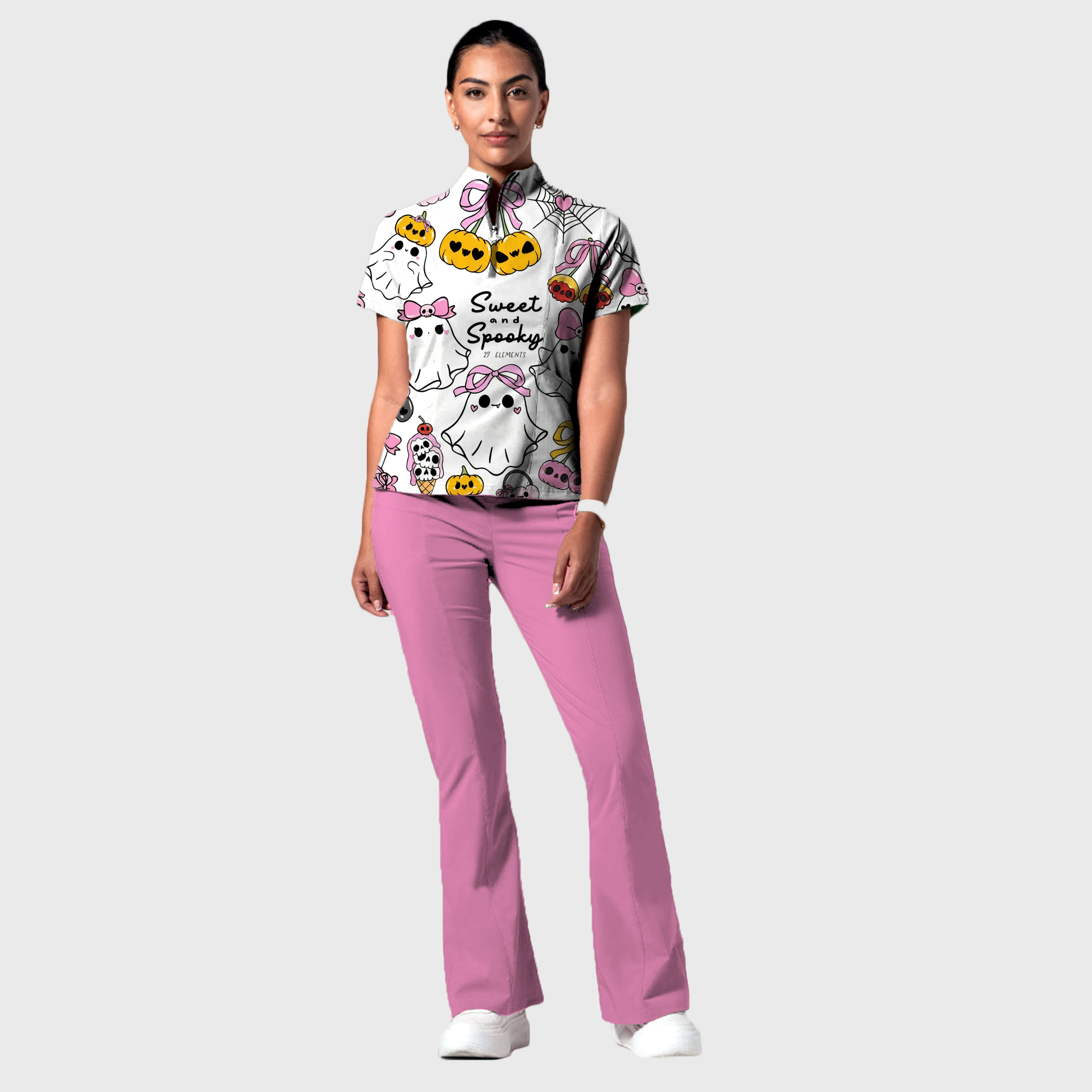 Women's Stand-Up Tie Zipper Cartoon Printed Scrub Set ST9124