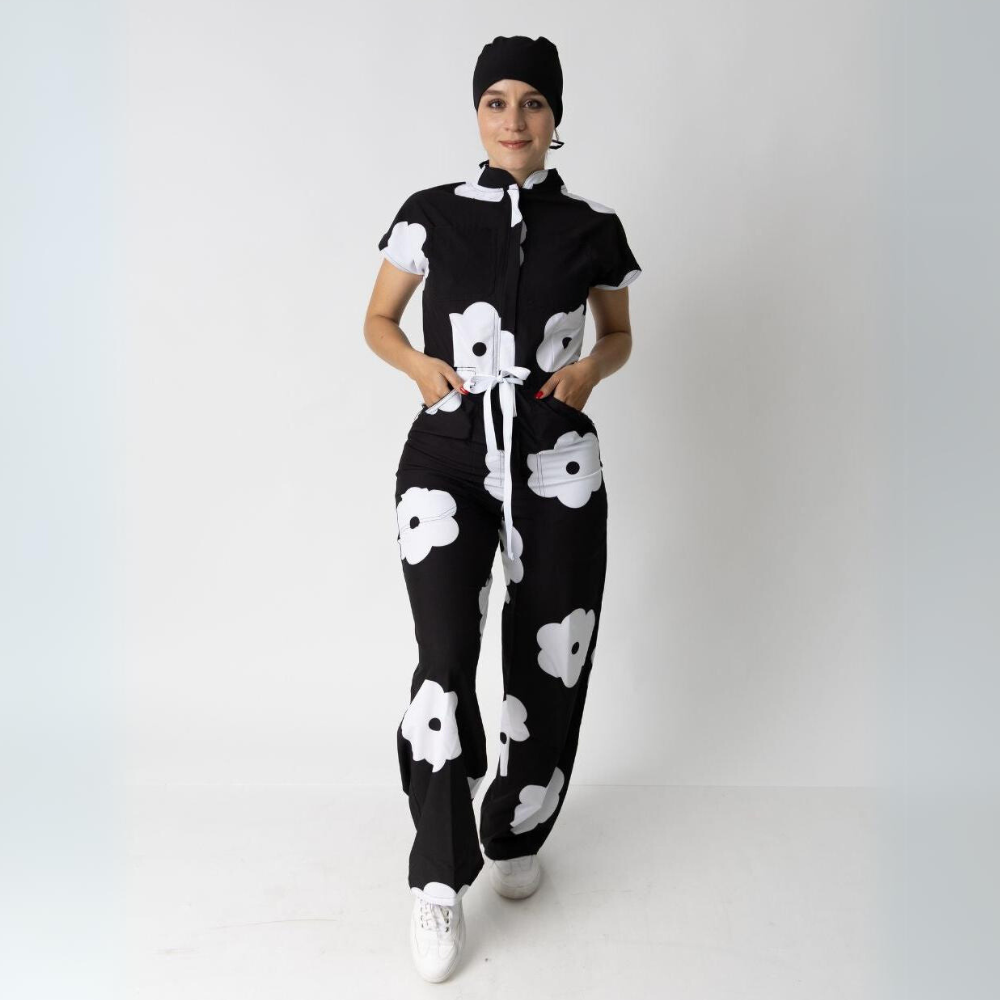 Women's Printed Style Mandarin Collar Long Flared Cut Scrub Jumpsuit