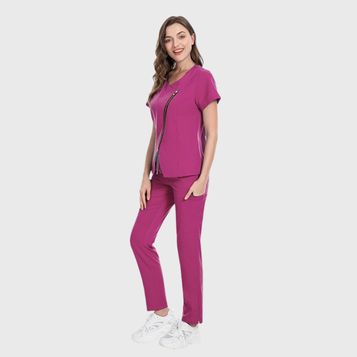 Women's Short-Sleeved Diagonal Zipper Scrub Set S3