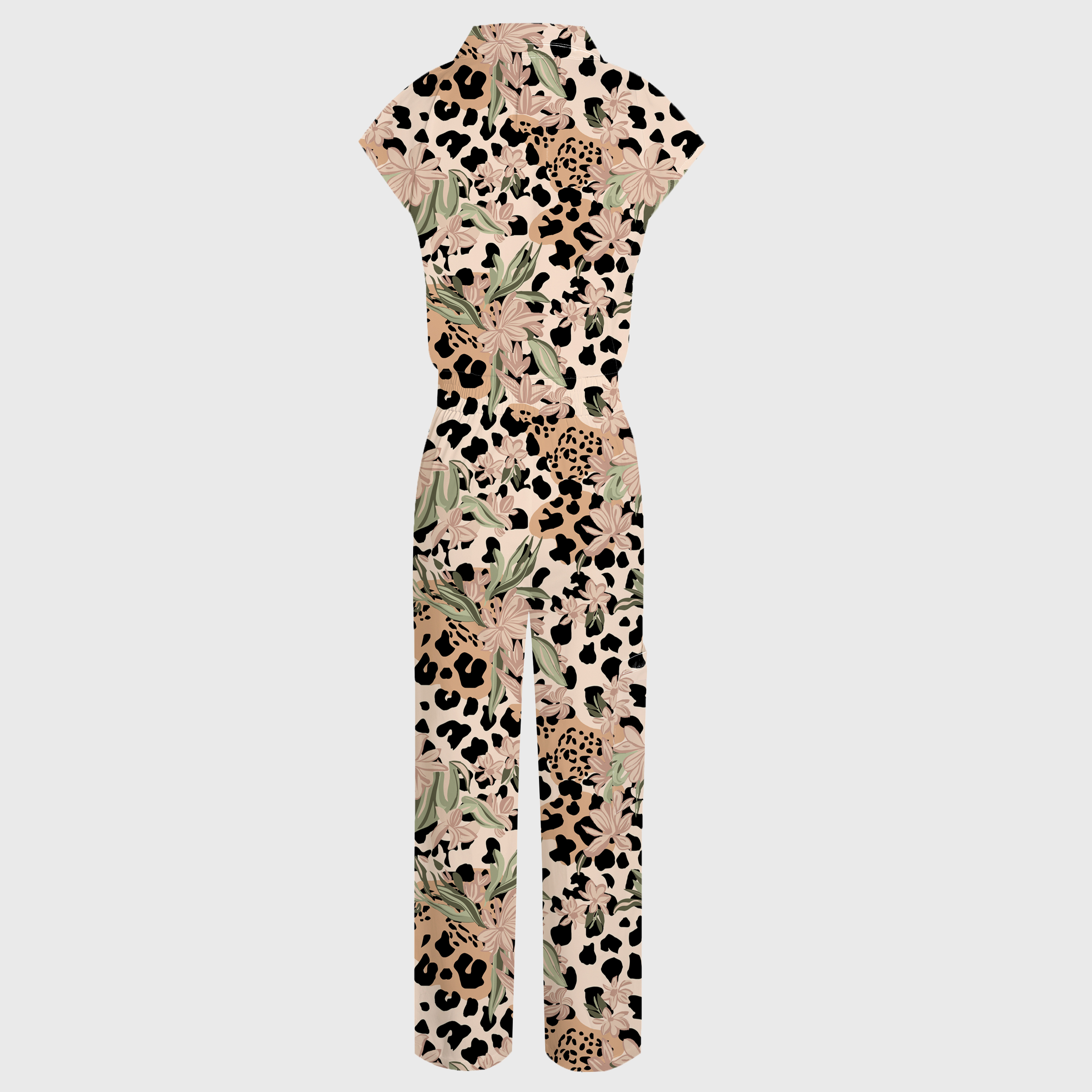 Women's Wide Leg Leopard Flower Print Scrub Jumpsuit