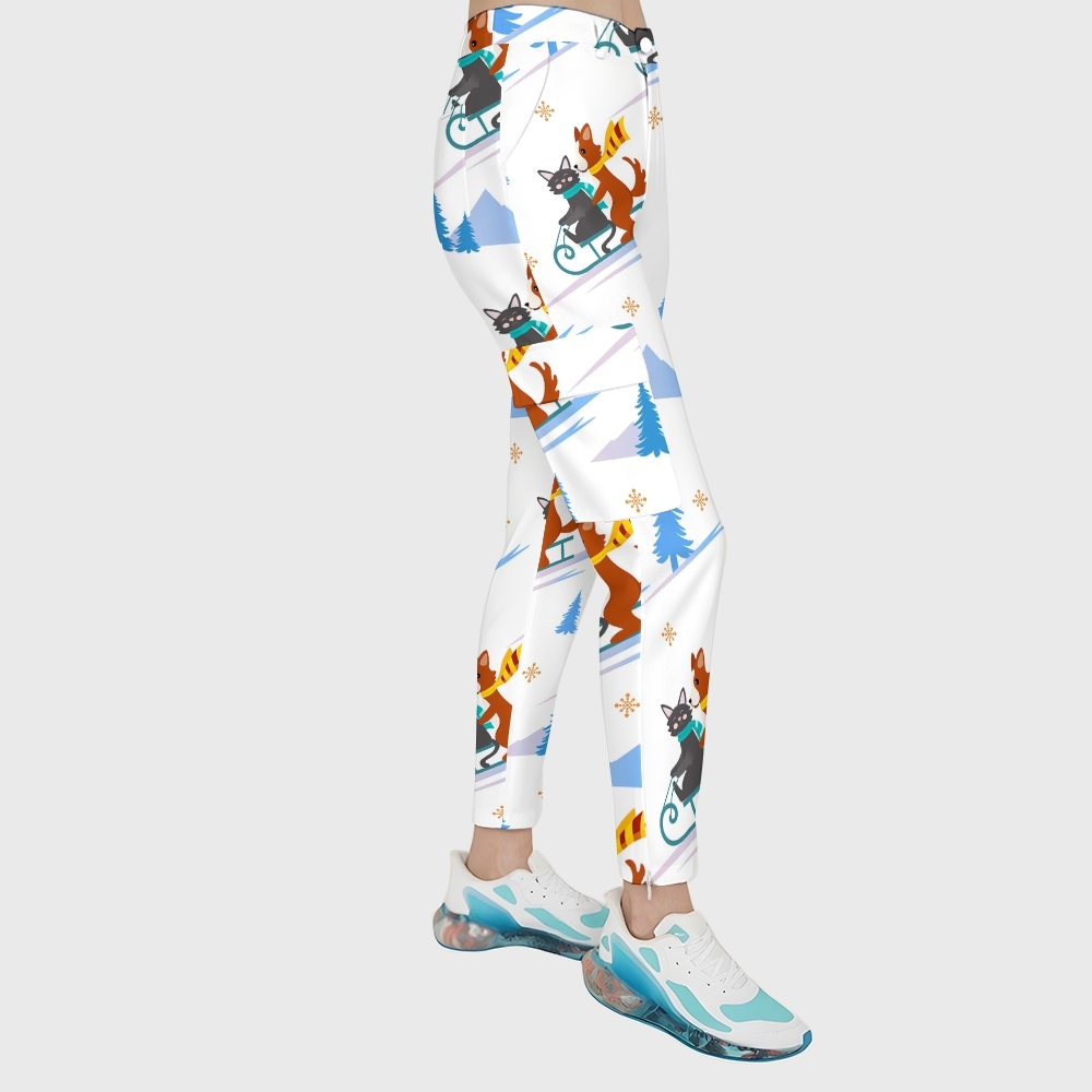 Women's 6-Pocket Cartoon Animals Printed Scrub Pants