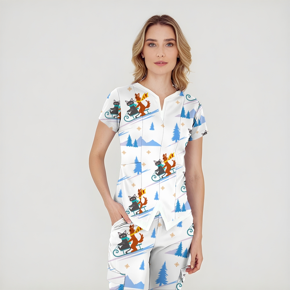 Women's Split Neck Cartoon Animals Printed Scrub Top