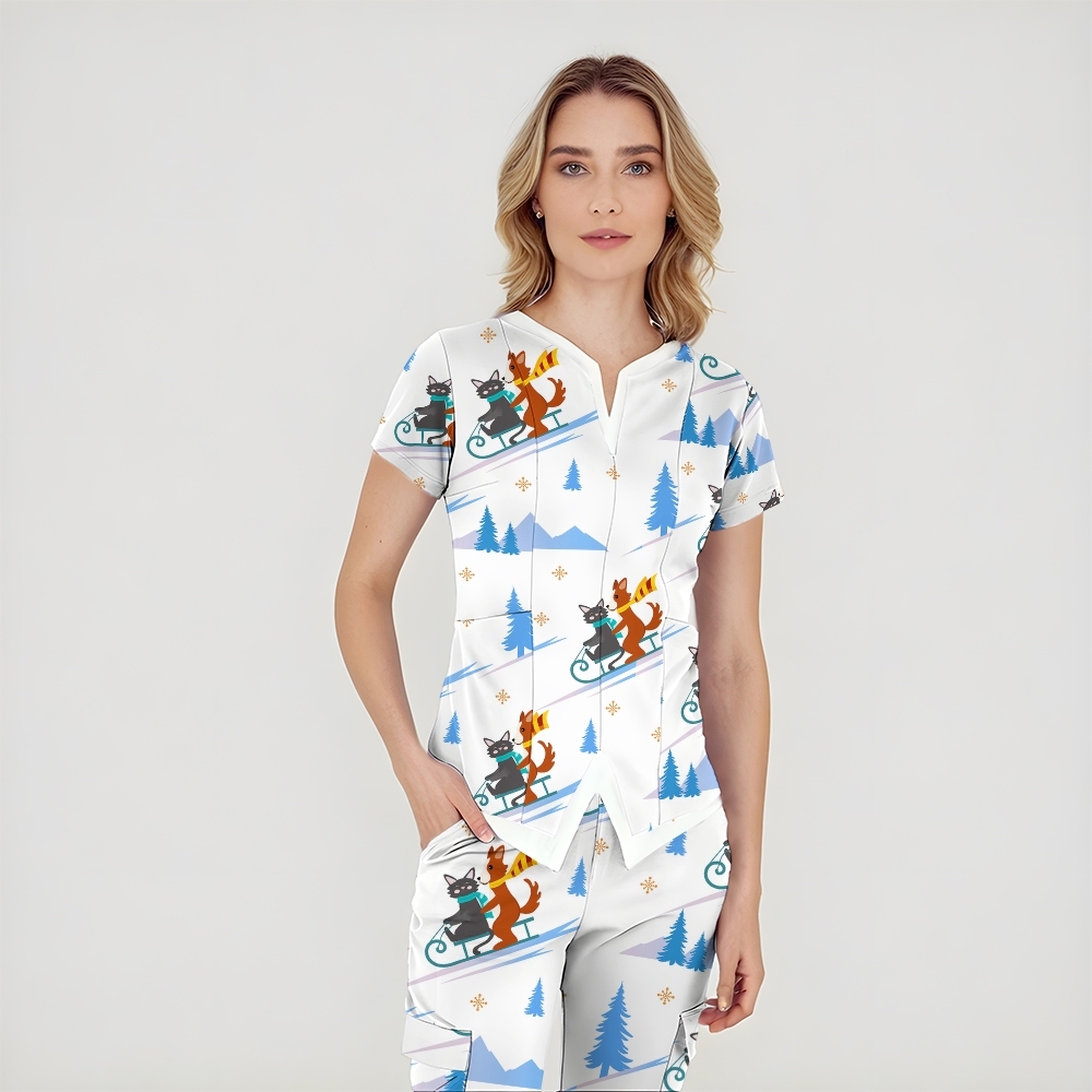 Women's Split Neck Cartoon Animals Printed Scrub Top