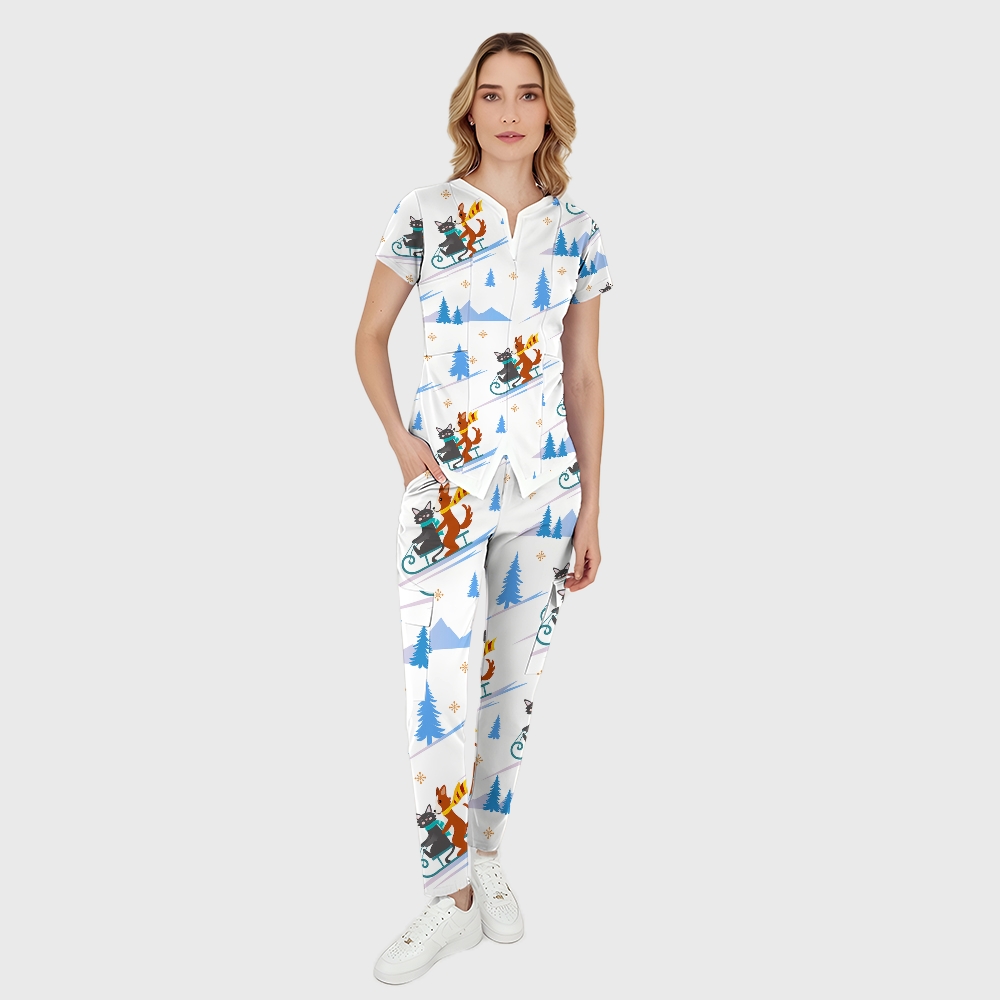 Women's 6-Pocket Cartoon Animals Printed Scrub Pants