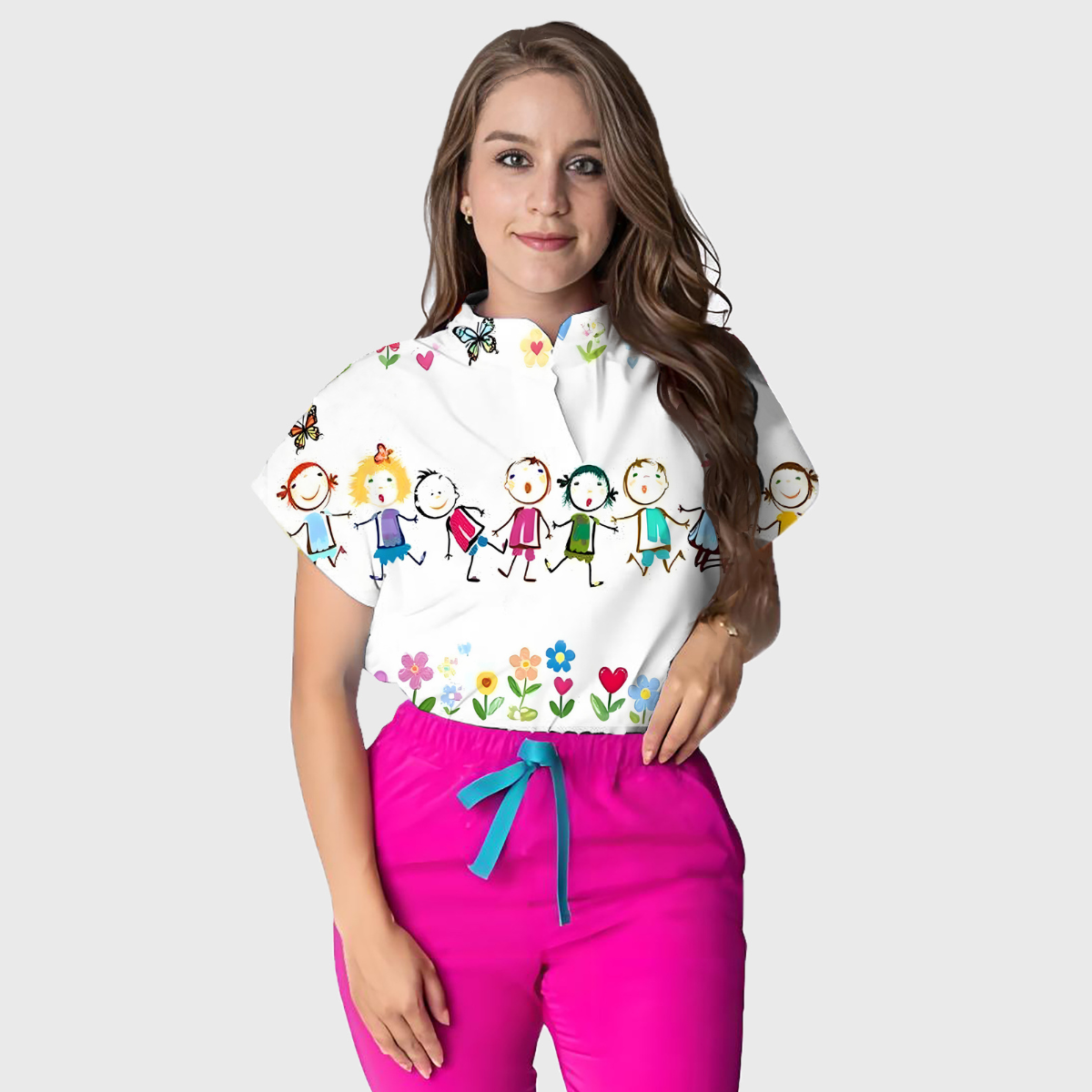 Women's Loose Fit Mandarin Collar Printed Scrub Top™