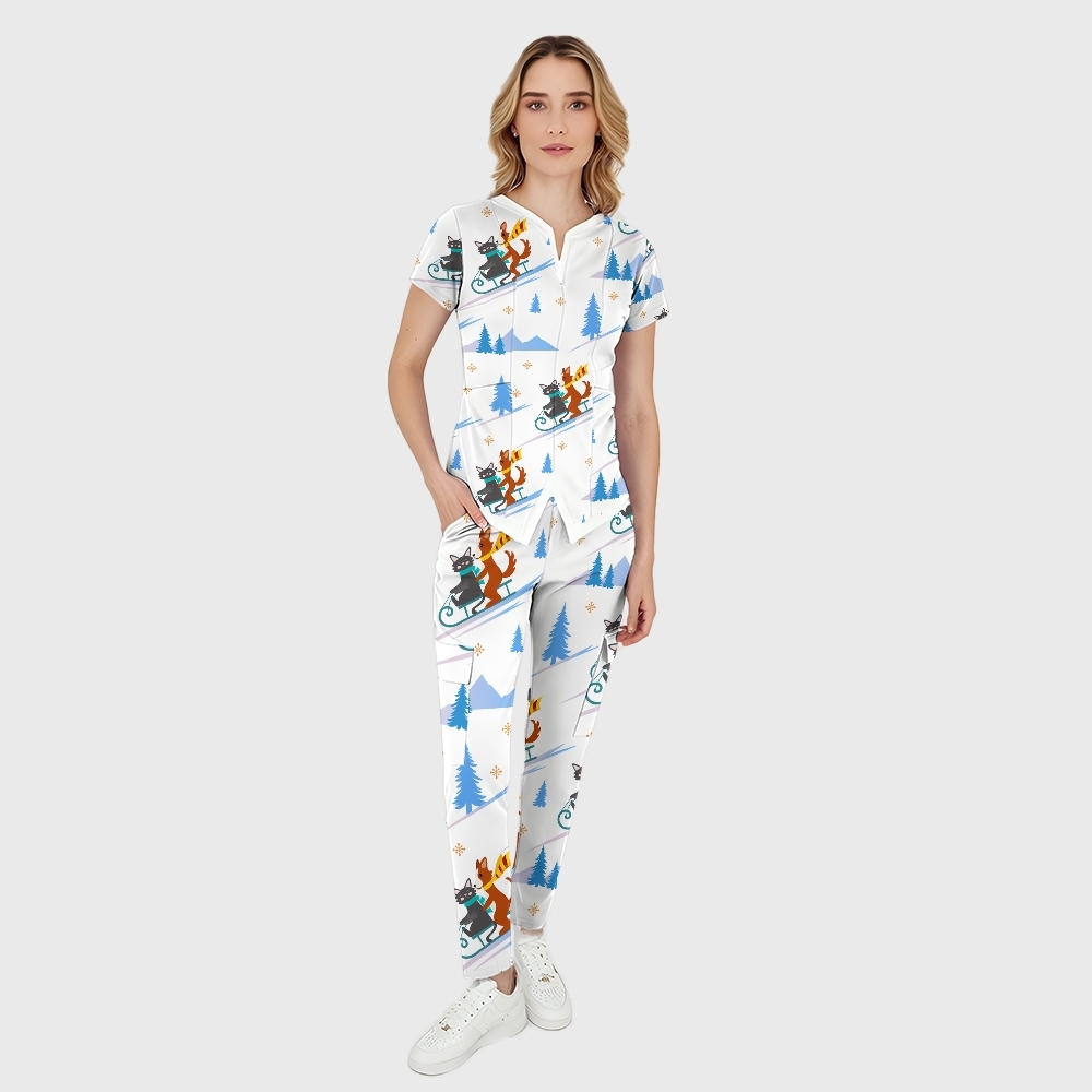Women's 6-Pocket Cartoon Animals Printed Scrub Pants