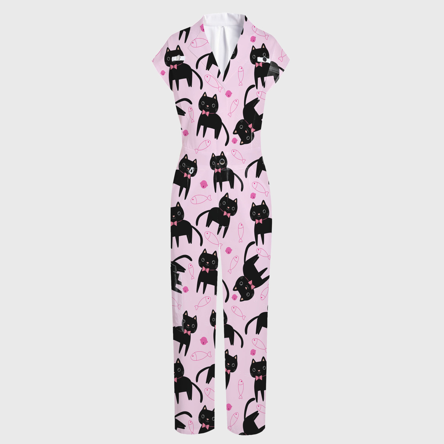 Women's Wide Leg Cat with Fish Print Scrub Jumpsuit