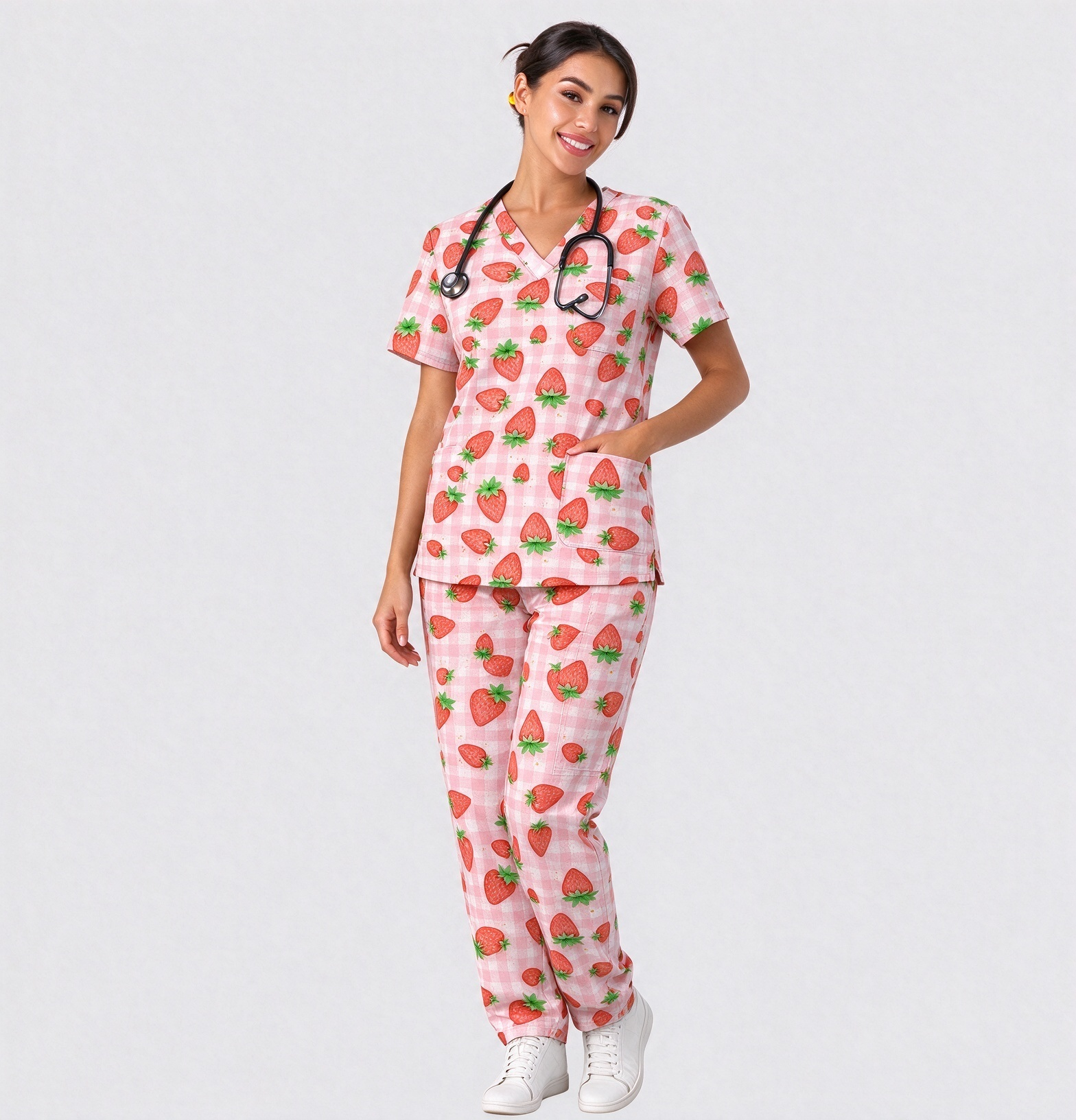 Women's Strawberry Gingham Printed Scrub Set WD7