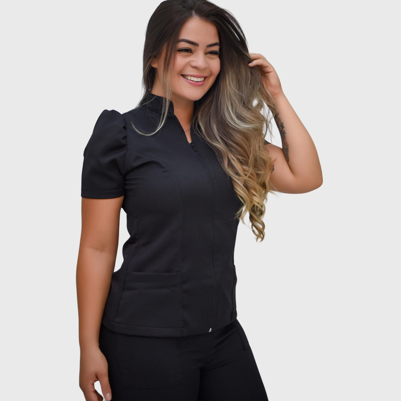 Women's Mandarin Collar Front Zip Scrub Top with Puff Sleeve