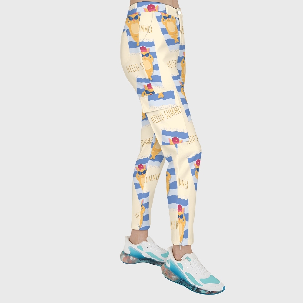 Women's 6-Pocket Cartoon Animals Printed Scrub Pants