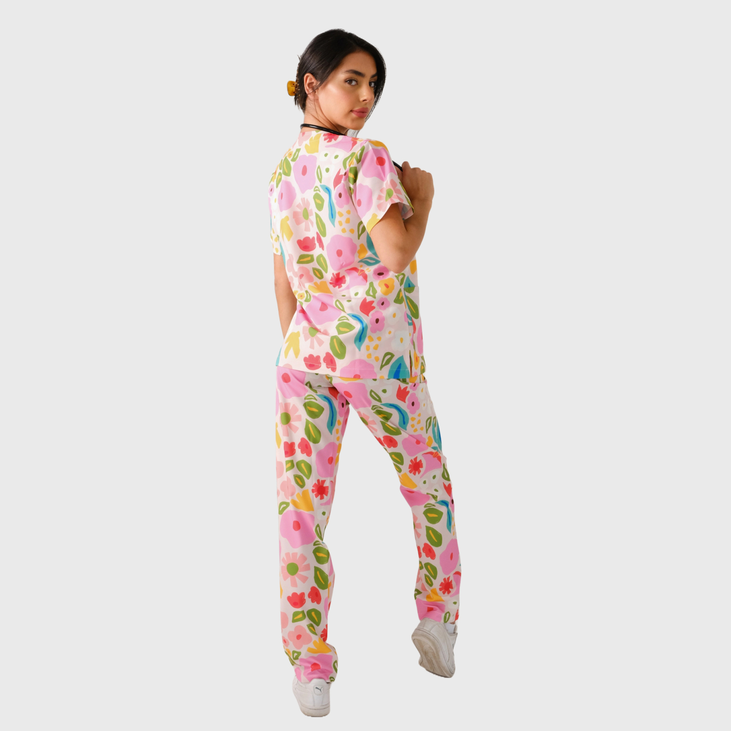 Women's Flower Print Straight-leg Scrub Set WD3