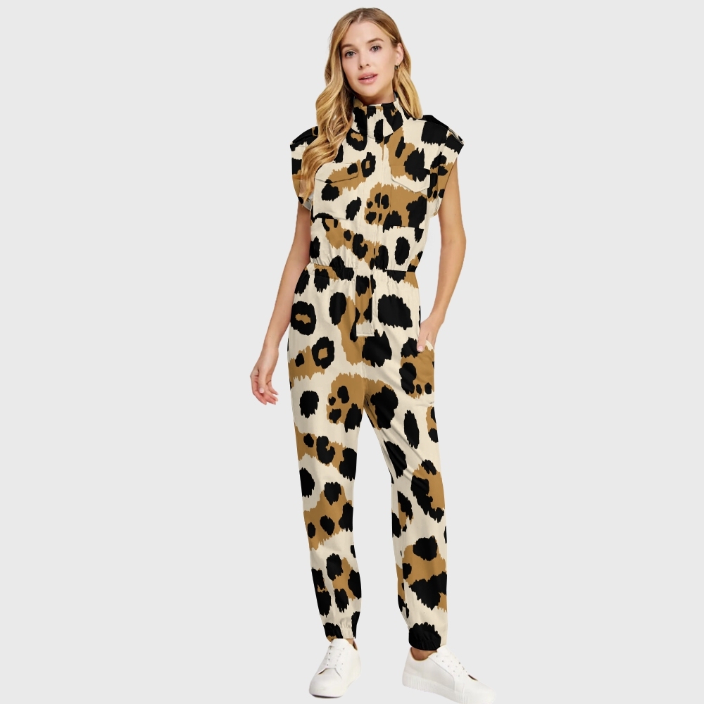 Women's High Neck Folded Sleeves with Epaulettes Jumpsuit