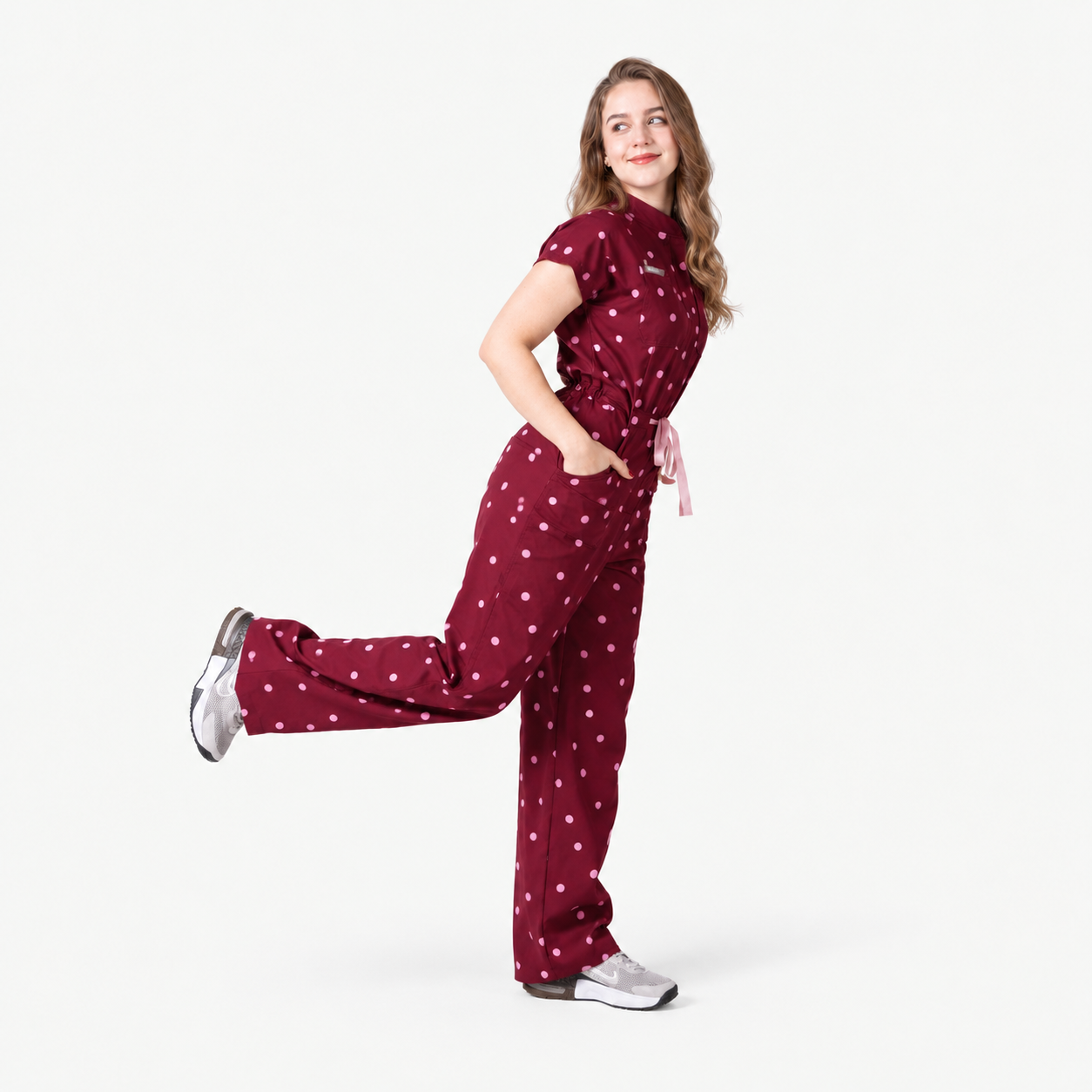 Women’s Stand Collar Waist Tie Burgundy Polka Dot Wide Leg Scrub Jumpsuit