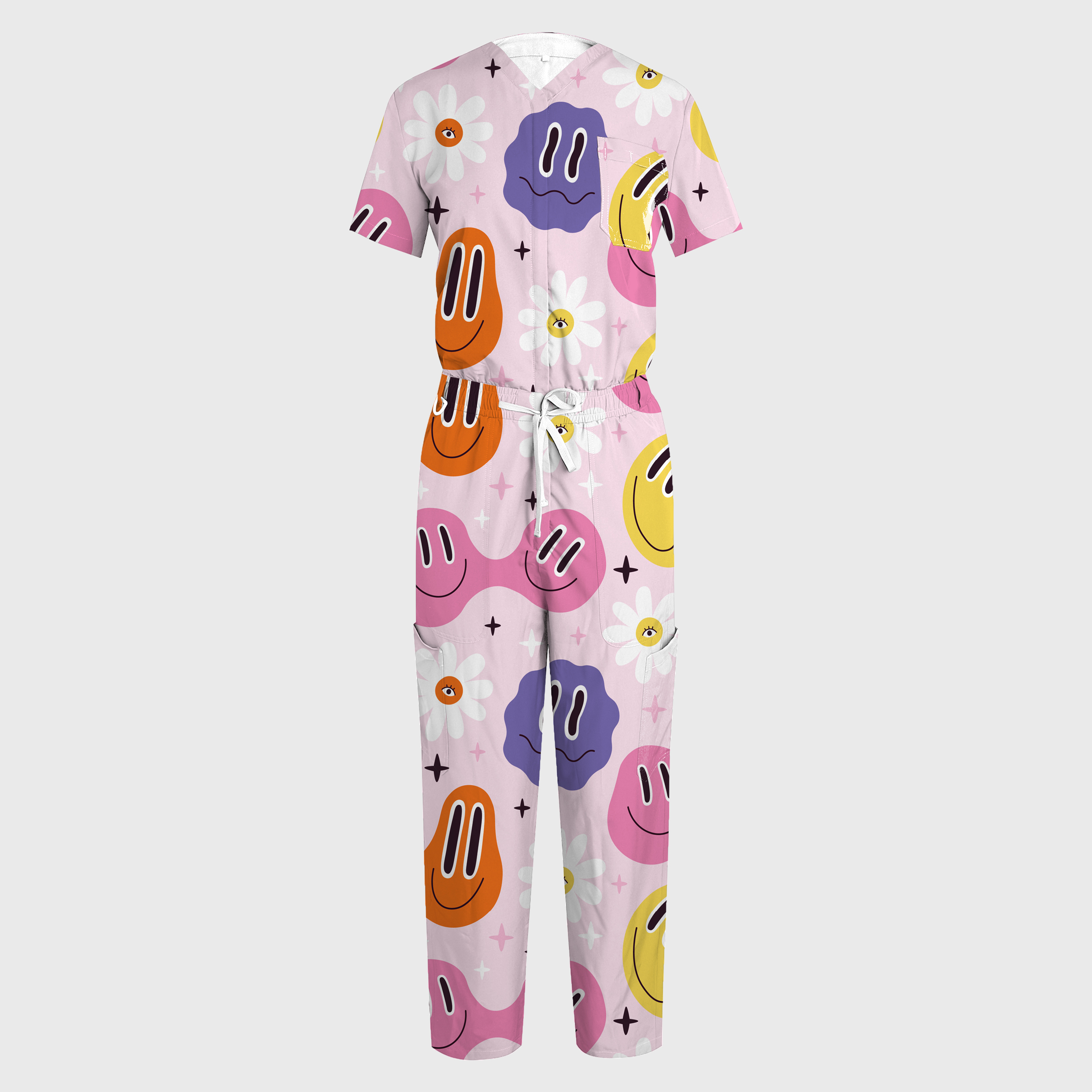 Women's Smiley Face Print V-neck Wide Leg Scrub Jumpsuit