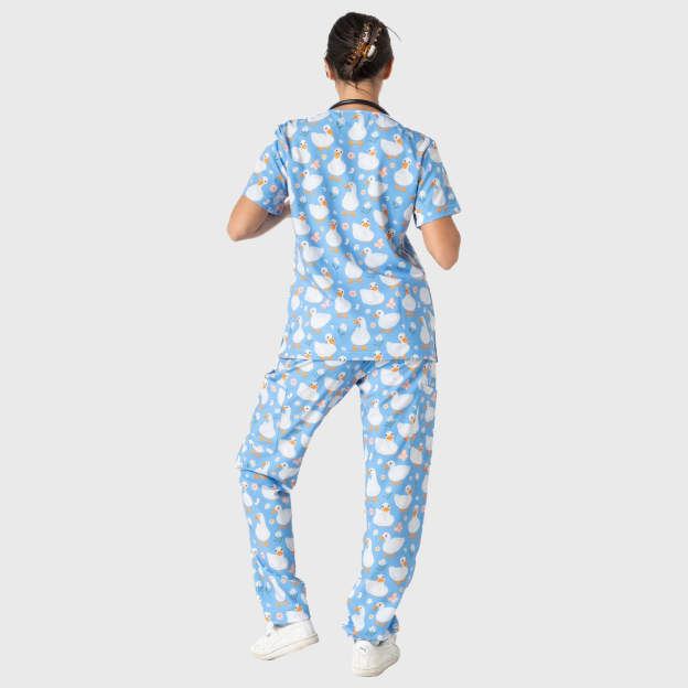 Women's 7-Pocket Cute Duck Printed Medical Scrub Set WD2