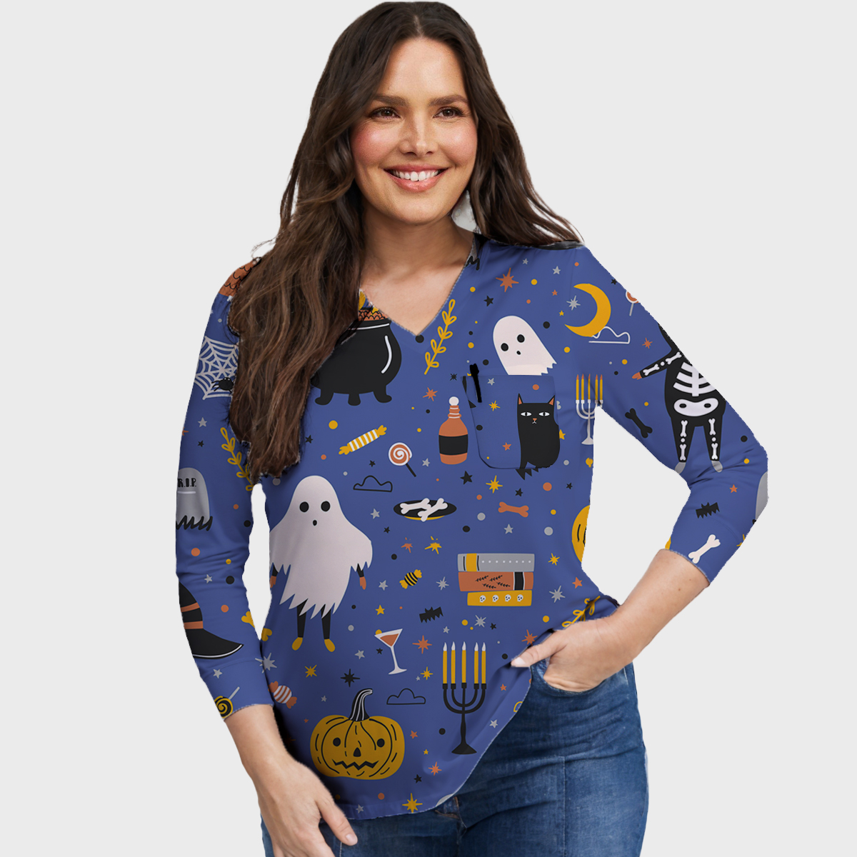 Halloween Easy STRETCH Women's Long Sleeve Blue Skull Printed Scrub Top