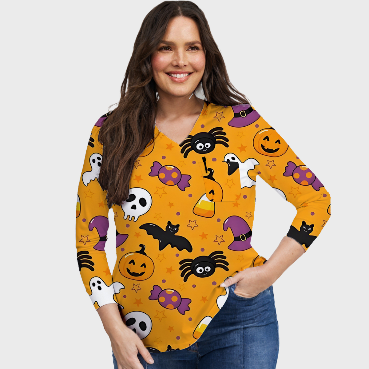 Halloween Easy STRETCH Women's Long Sleeve Orange Printed Scrub Top