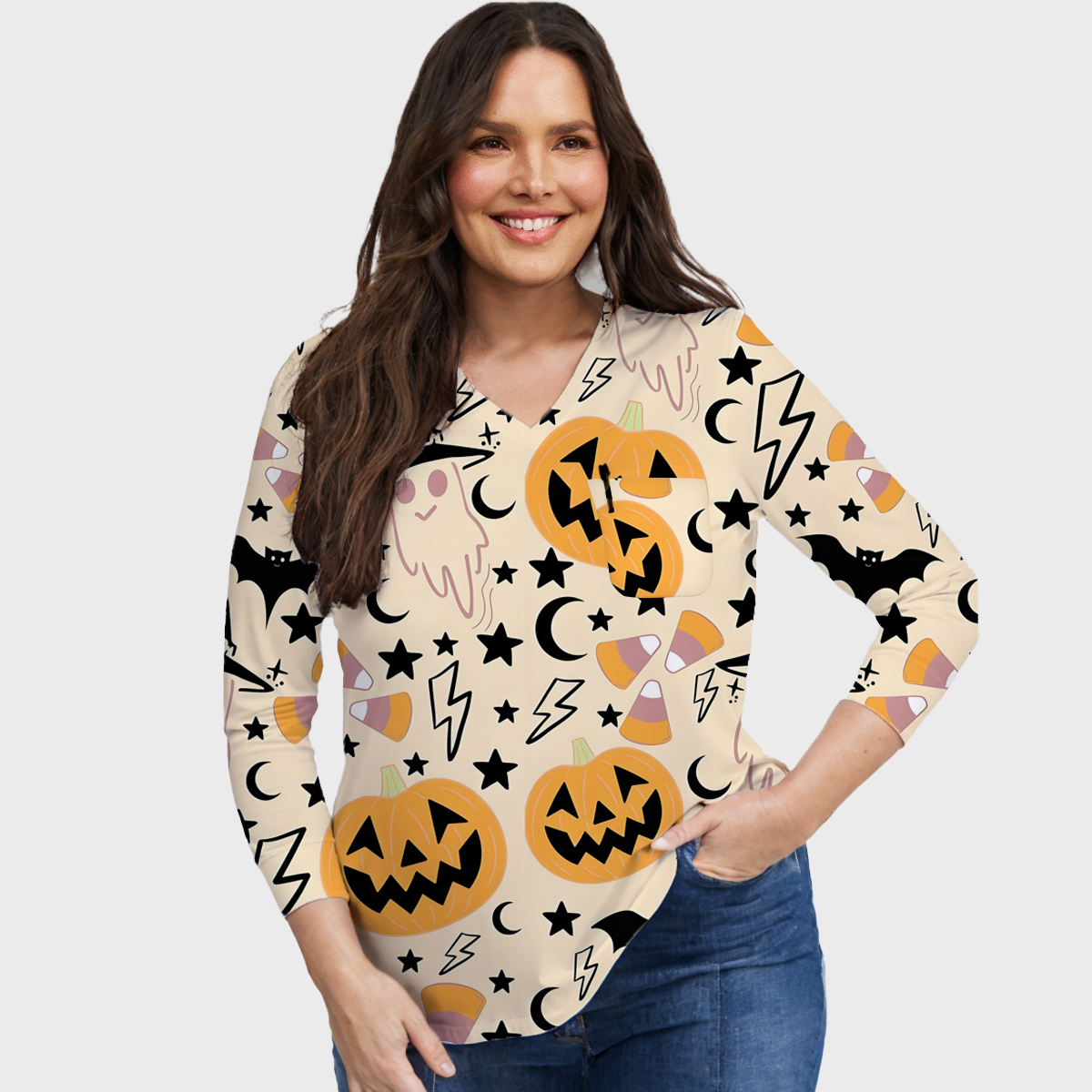 Halloween Easy STRETCH Women's Long Sleeve BOO Printed Scrub Top