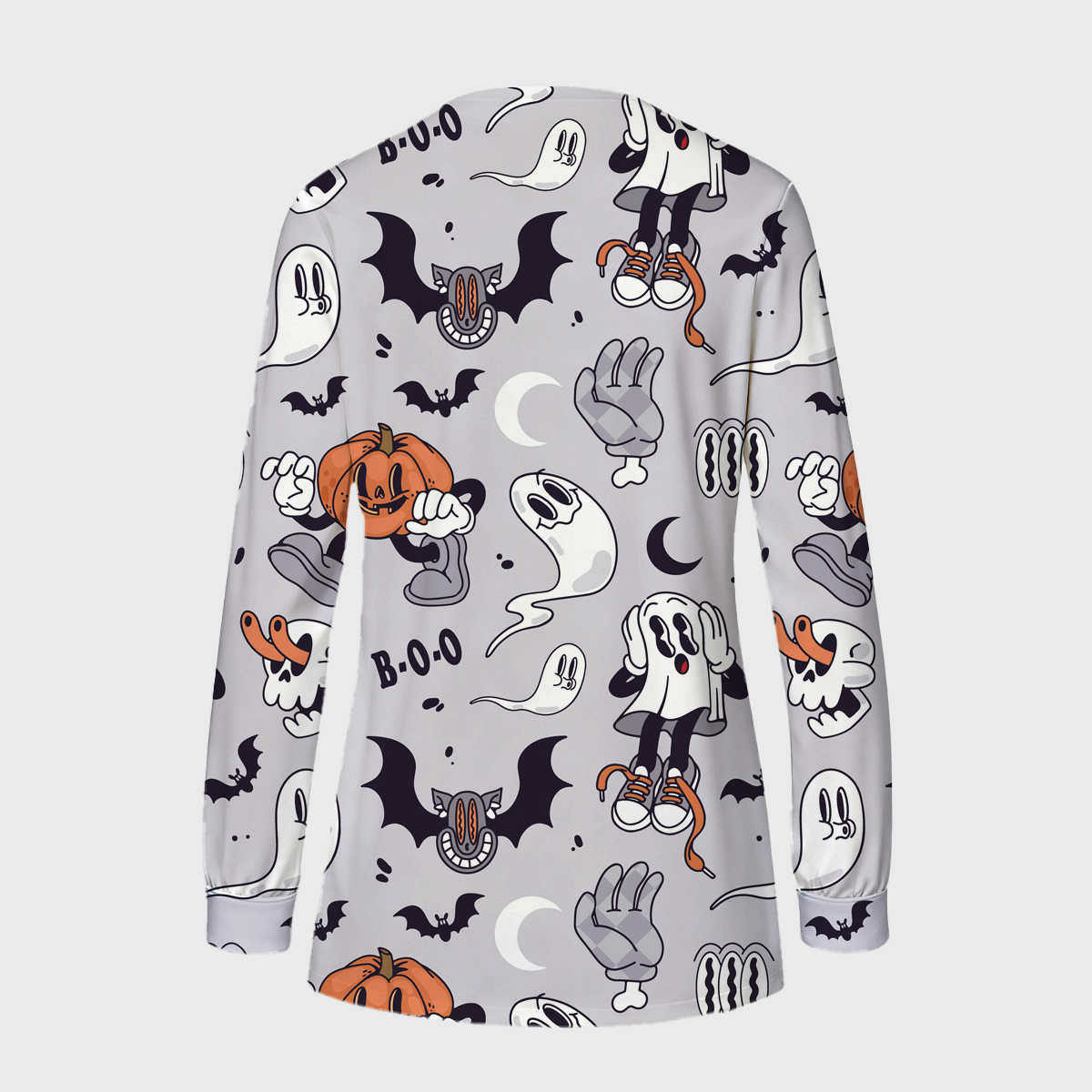 Happy BOO Halloween Long Sleeve Snap-Front Print Lightly Fleece Scrub Jacket