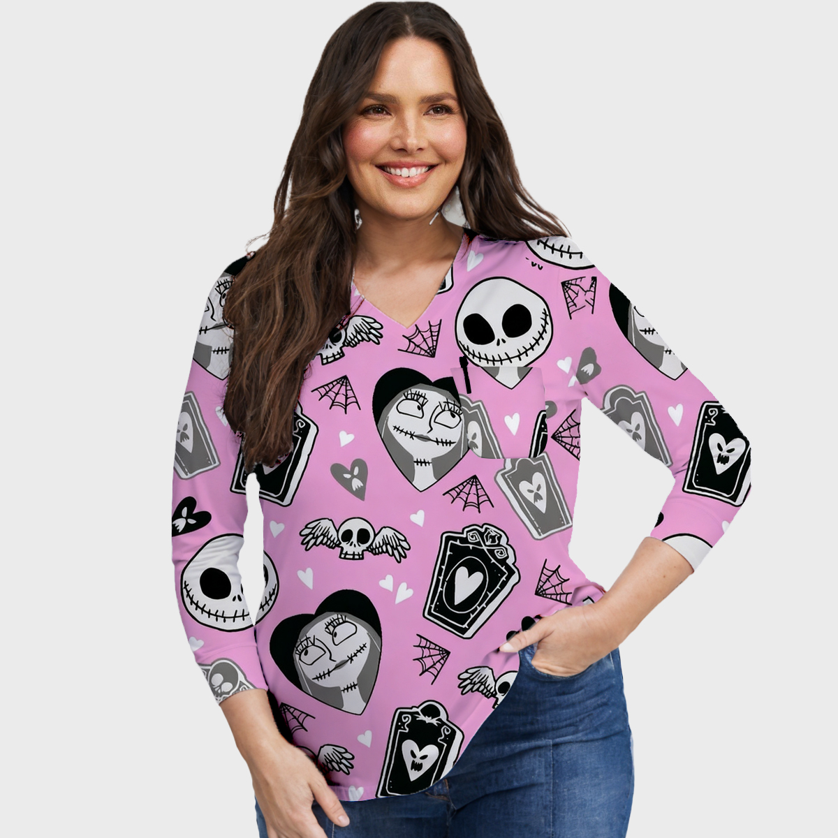 Halloween Easy STRETCH Women's Long Sleeve Skull Printed Scrub Top