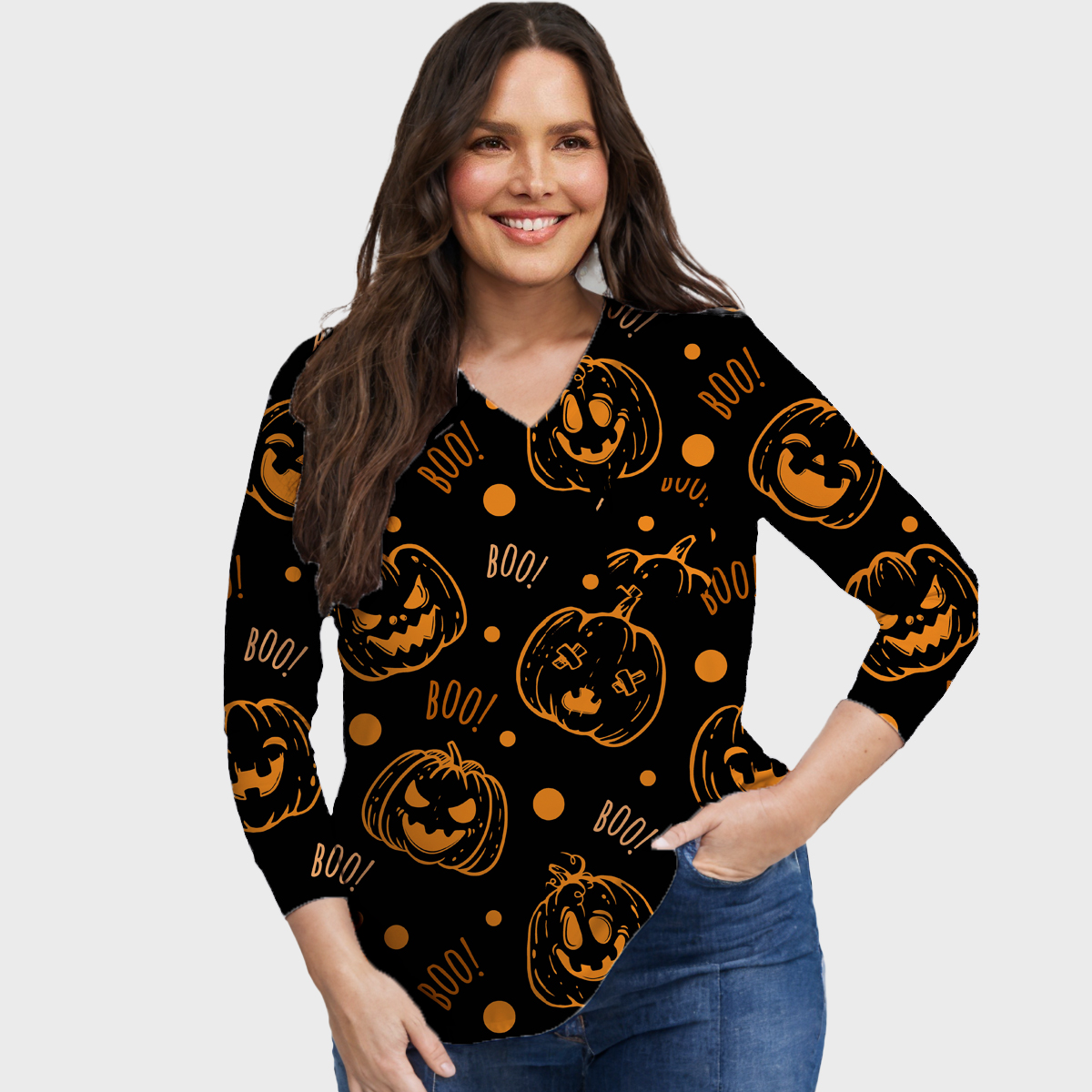 Halloween Easy STRETCH Women's Long Sleeve Pumpkin Printed Scrub Top