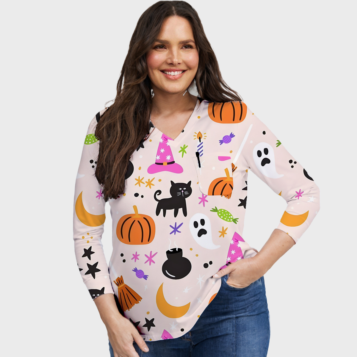 Halloween Easy STRETCH Women's Long Sleeve Cat Printed Scrub Top