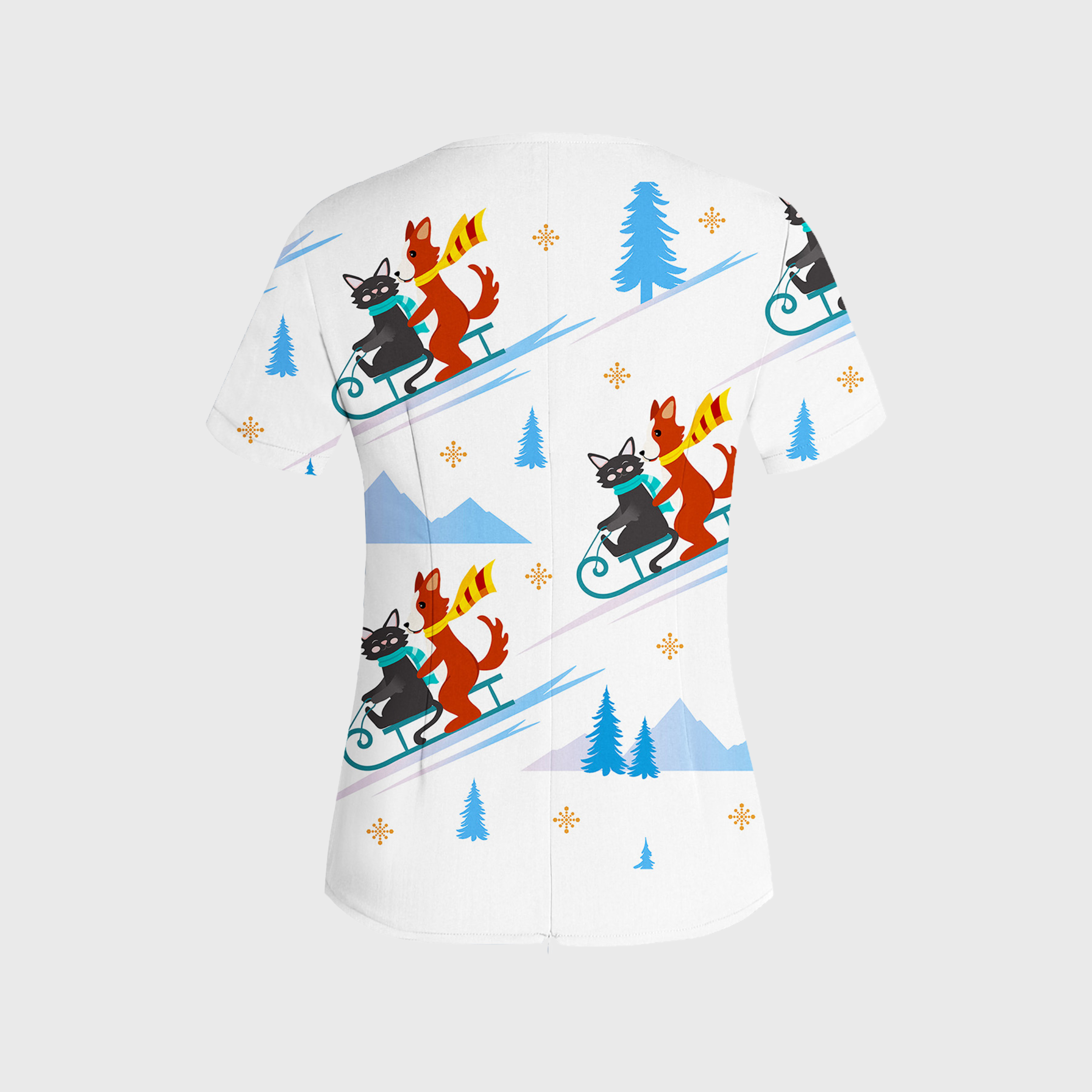 Women's Cute Animal Collection Printed W-neck Scrub Top