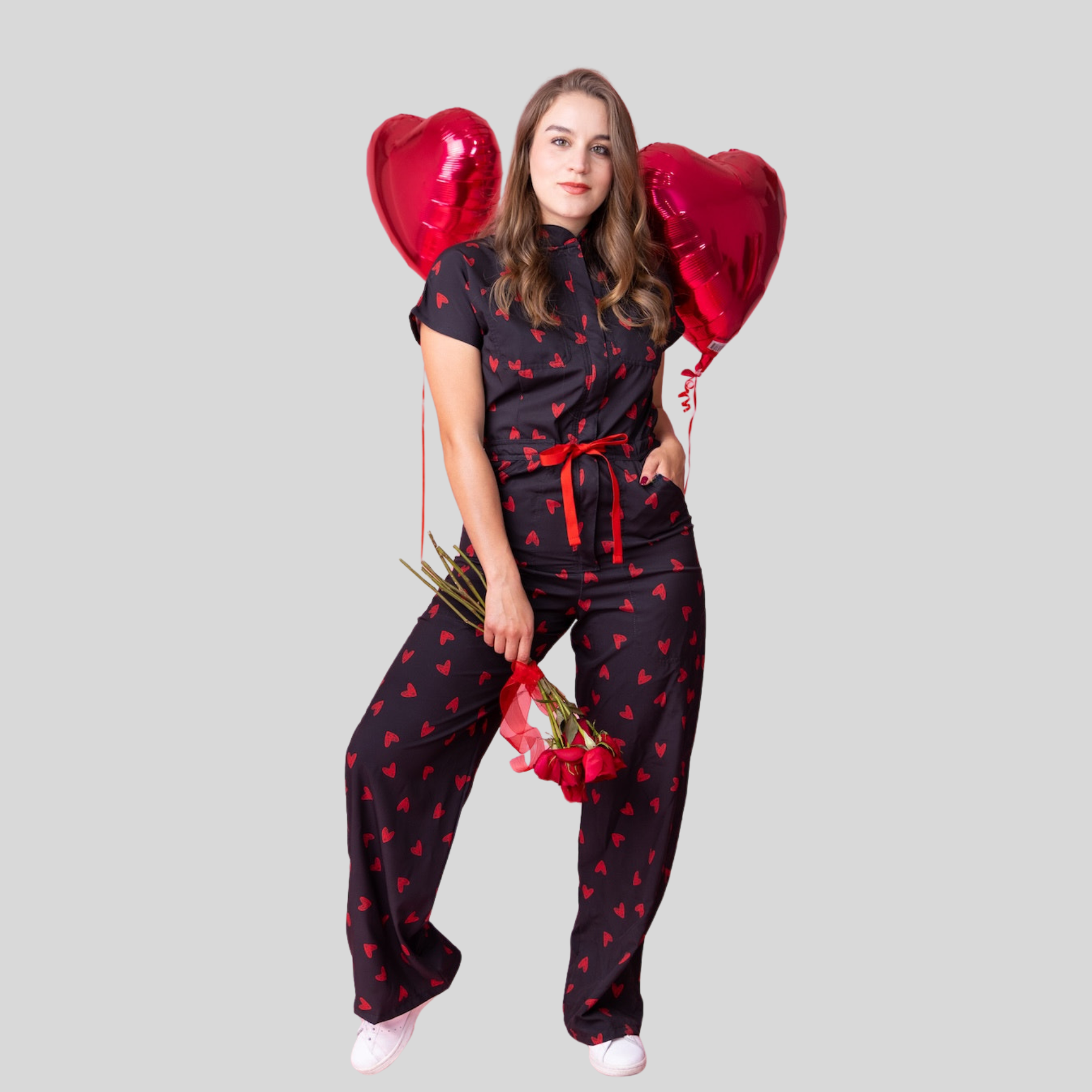 Women's Print Red Heart Long Flared Cut Scrub Jumpsuit