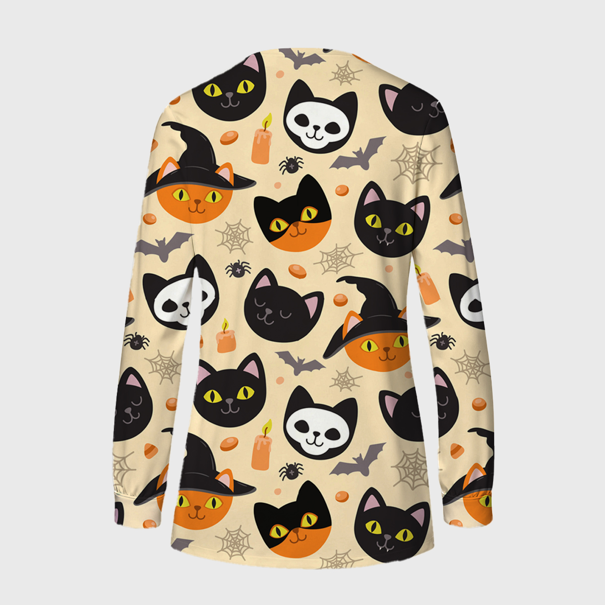 Halloween Long Sleeve Snap-Front Cat Print Lightly Fleece Scrub Jacket